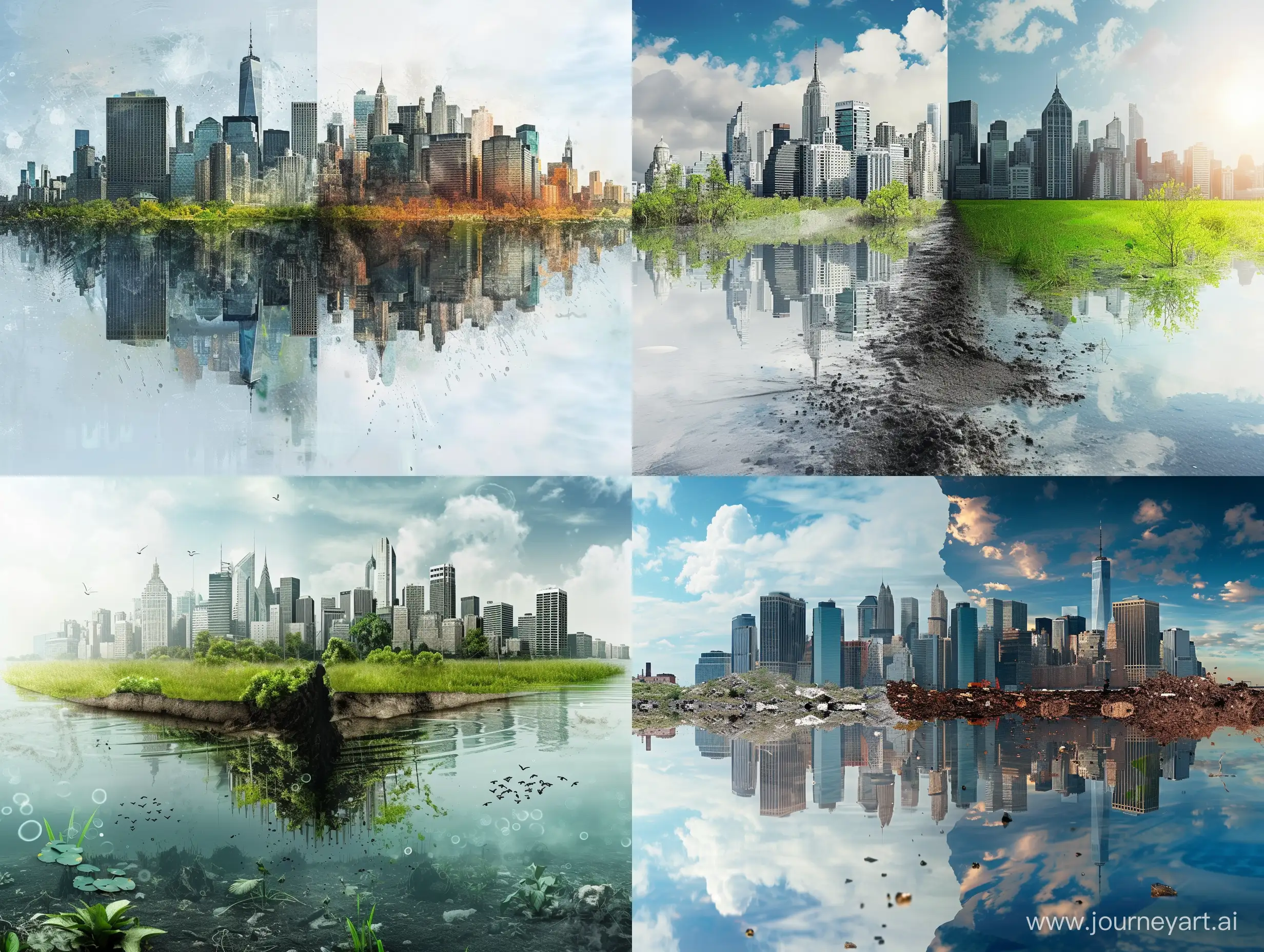 picture divided into two cities, dirty city, clean city, ecological and non-ecological city --v 6 --ar 4:3 --no 15478