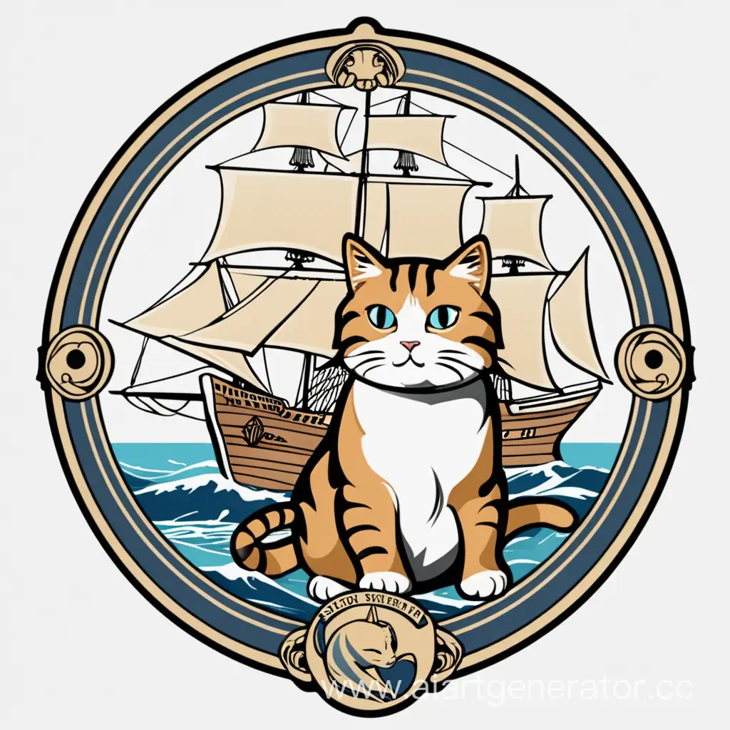 Логотип кот-торговец, море, корабль, эпоха паруса