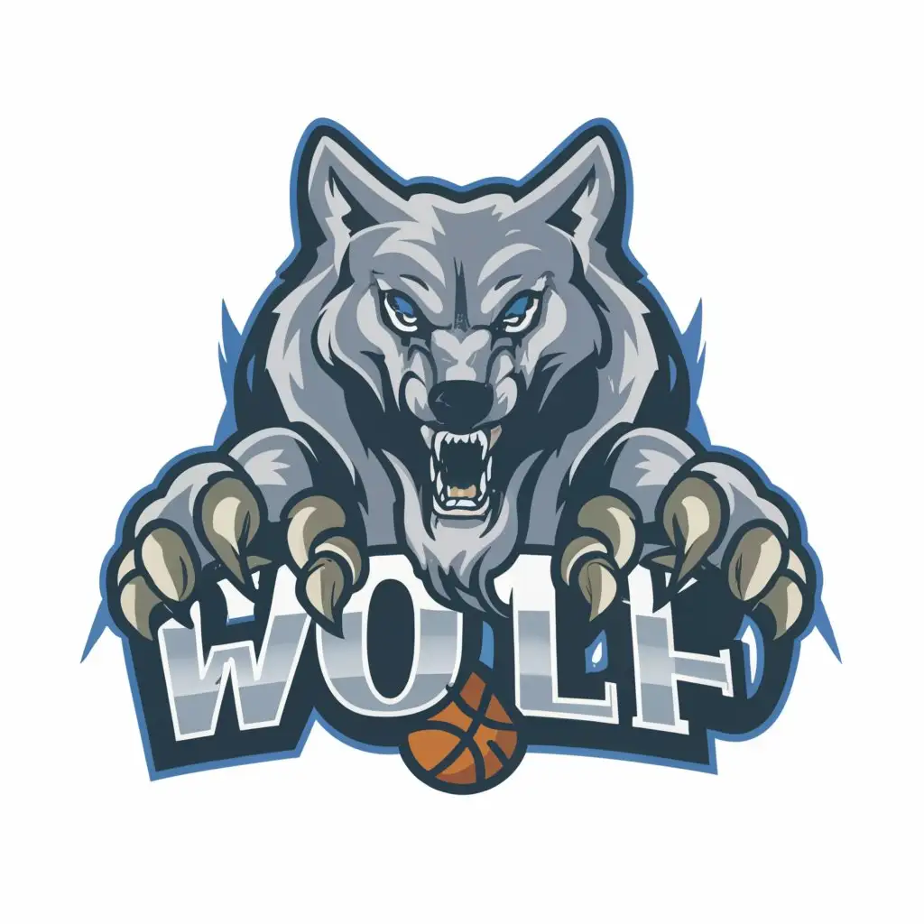 a logo design,with the text "WOLF", main symbol:blue white gray angry wolf. foaming the mouth with a basketball,complex,be used in Sports Fitness industry,clear background