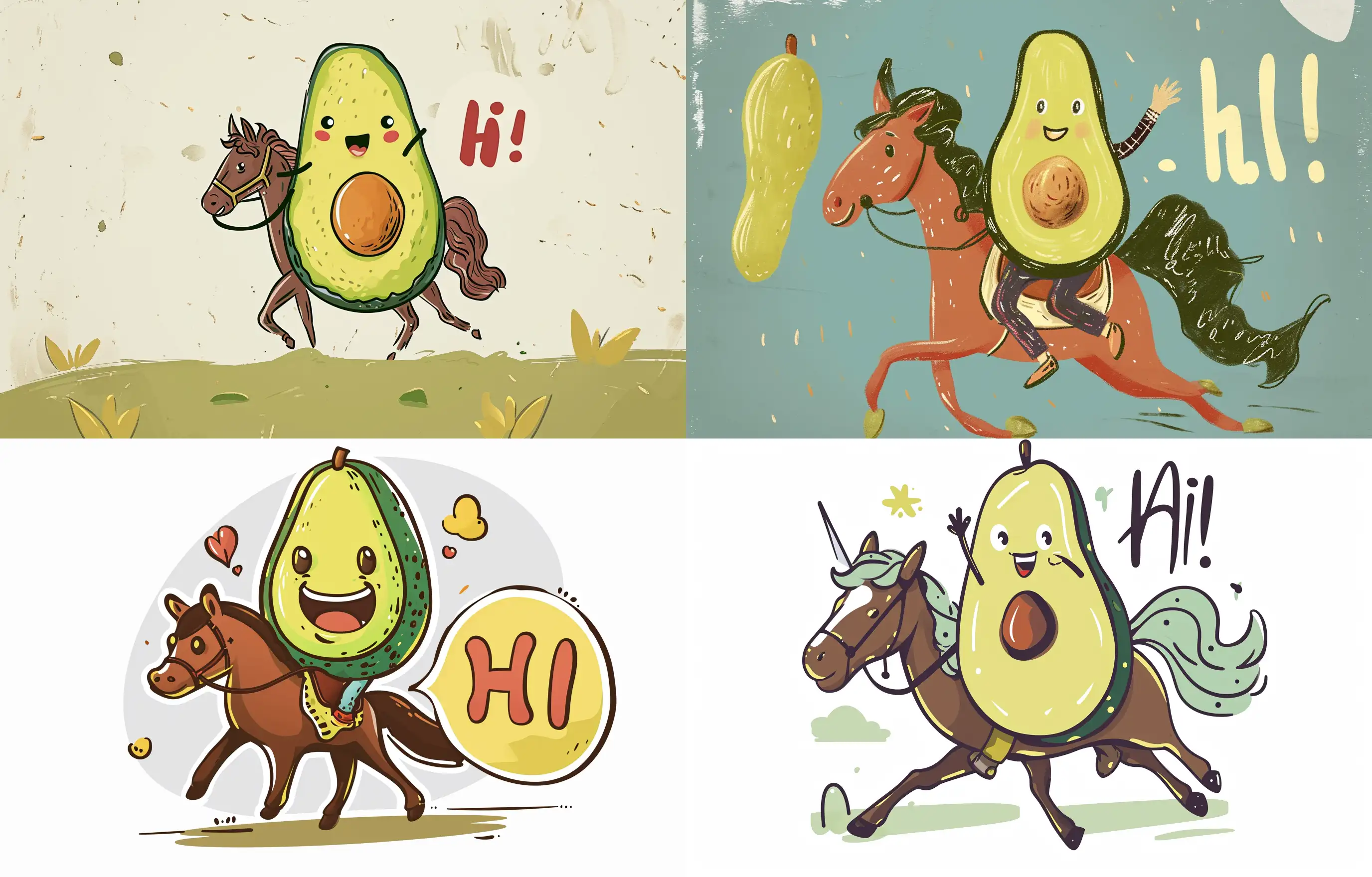A cute drawing of an avocado saying hi while he rides a horse --v 6 --ar 14:9 --style raw