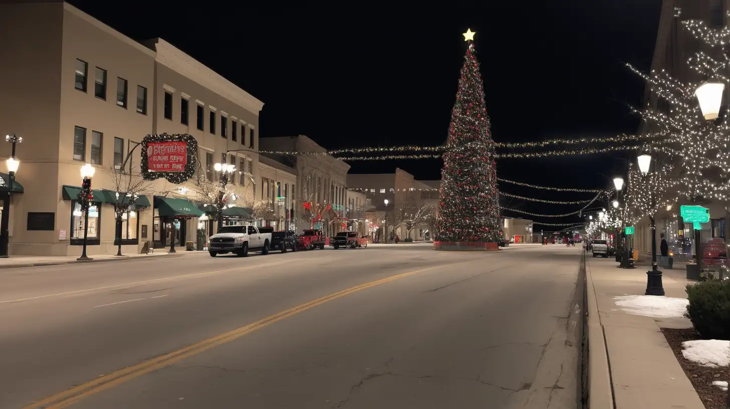 Quiet Christmas Eve in Downtown Lone Pickup Truck Under Festive Lights