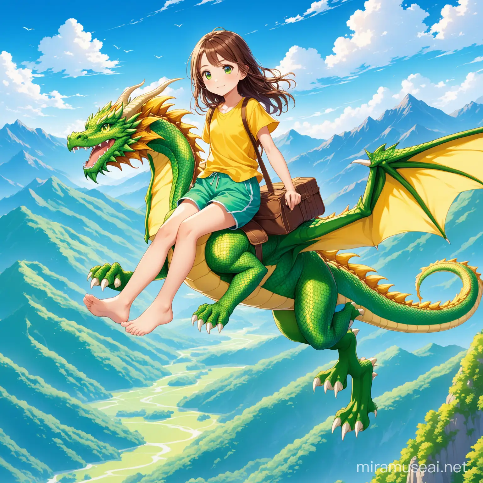 11 year old girl, long wavy brown hair, riding a blue and yellow and white beautiful dragon, flying over the mountains, yellow shirt, green baggy shorts, summer day, bare foot, green eyes, 