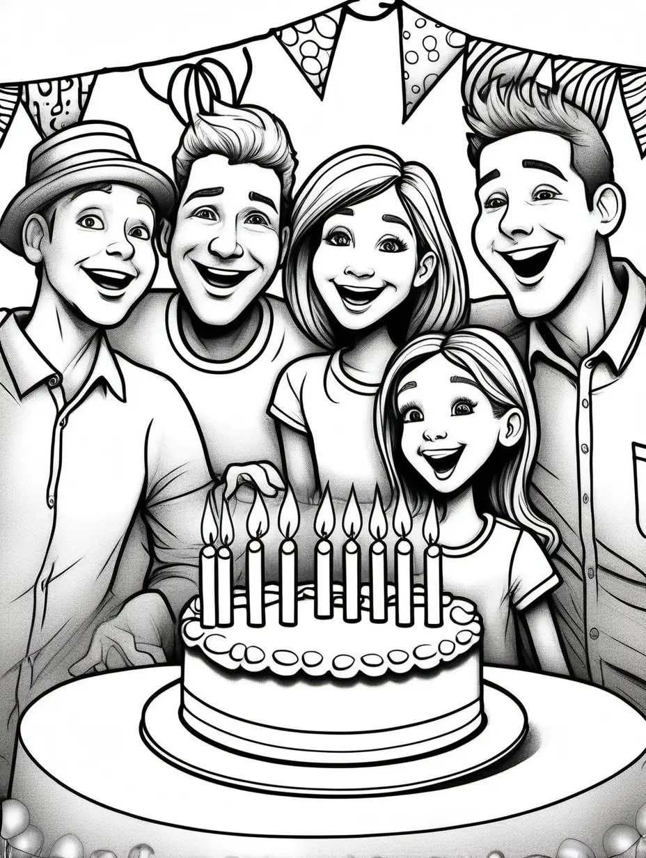{best quality} {line work}, adult coloring book, high details, black and white. Family singing happy birthday at birthday party with cake and 4 candles.