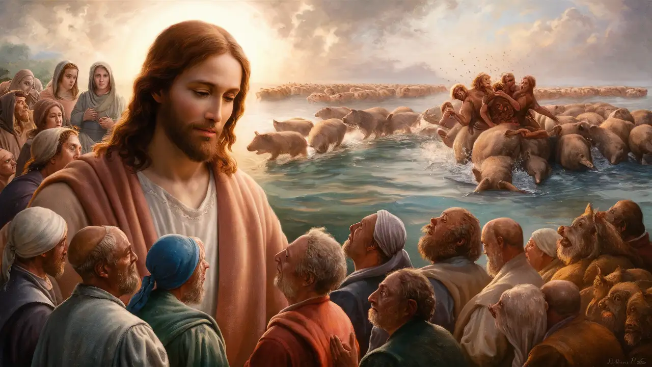 "Visualize Jesus' compassionate response as he grants the request of the legion of demons, allowing them to enter the herd of swine. Show the empathy and understanding in his expression."
