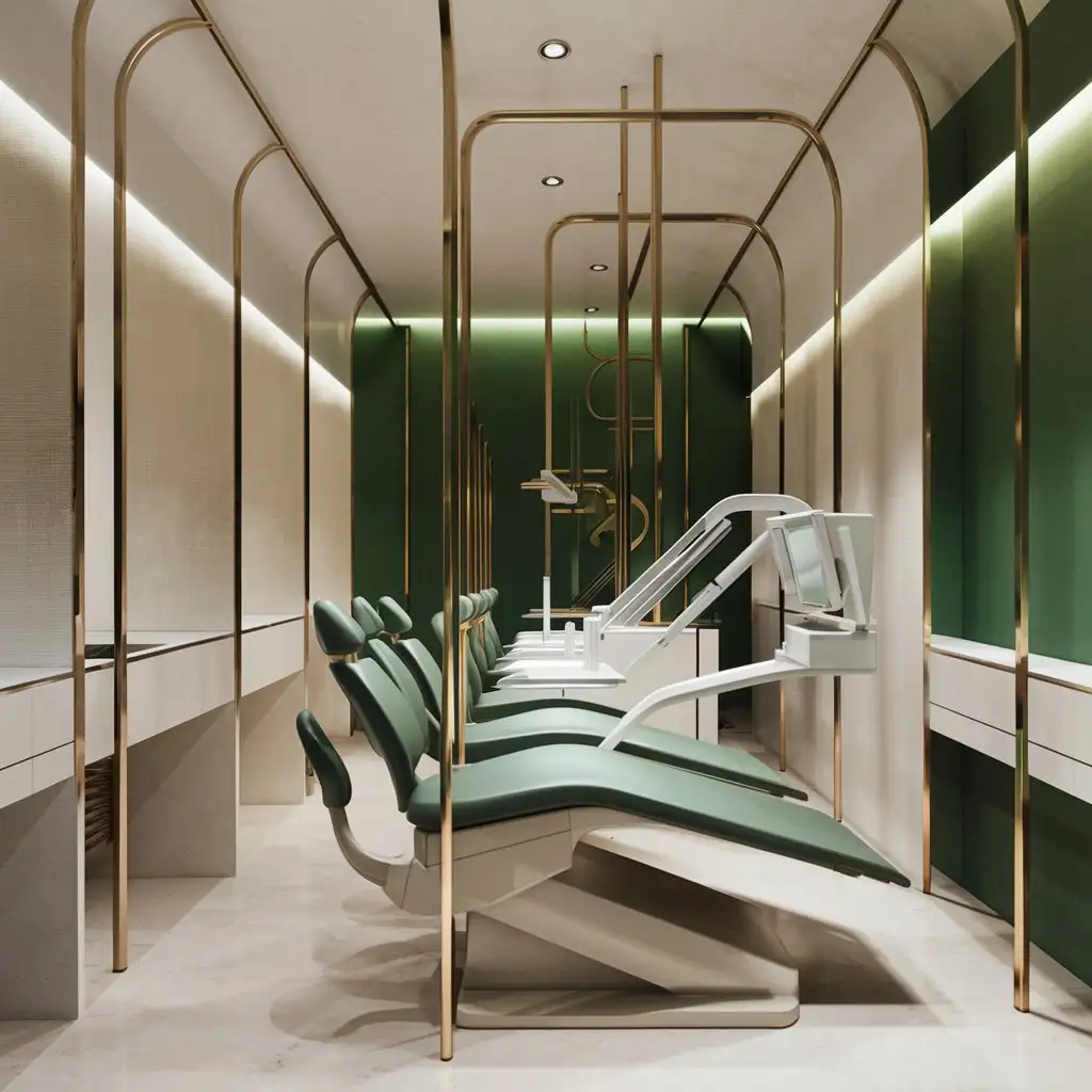 Dental clinic room in minimalist style in white, green and beige colors. Adding details in gold and black. looking outrageous and stunning.  with matte wall partitions