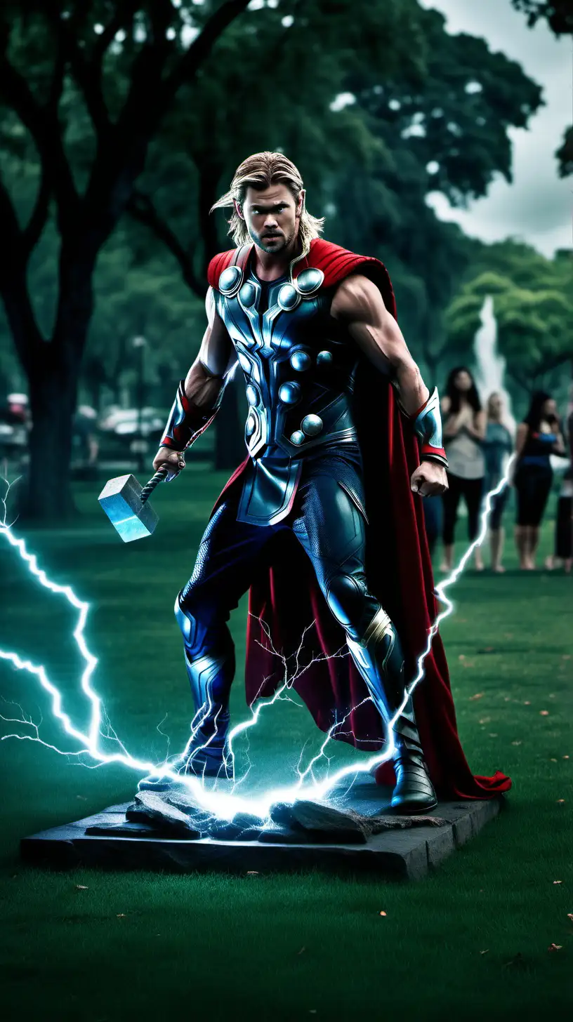 make an image in dark theme of chris hensworth as thor summoning lightning inside a park. ultra realistic