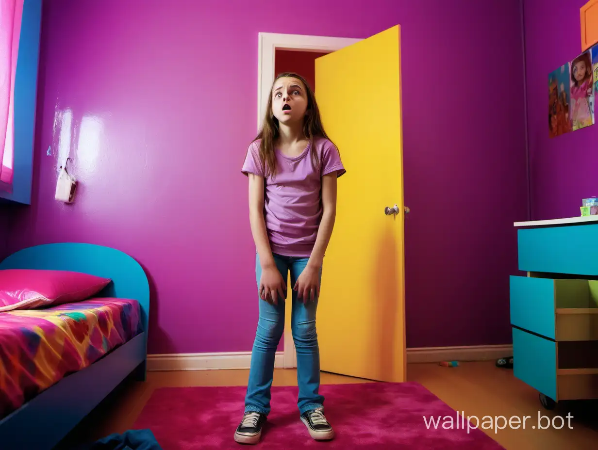 a 12-years-old girl standing in her colorful room, urgently needs to pee but she is holding it back.
