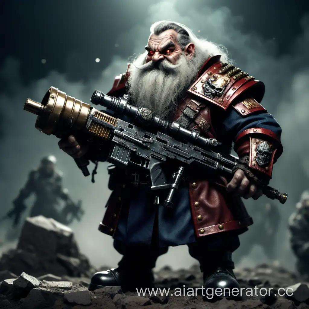 The evil dwarf is an army general, holding a machine gun in his hands
