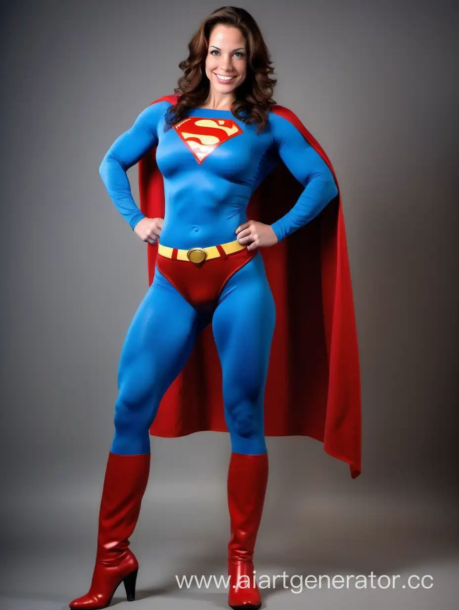 A beautiful woman with brown hair, age 35. She is happy and muscular. She has the body of a body builder, muscular, bulky, thick. She is wearing a classic Superman costume with (blue leggings), (long blue sleeves), red briefs, red boots, and a long cape. Her costume is made of very soft cotton fabric. She is posed like a superhero. Strong and powerful.