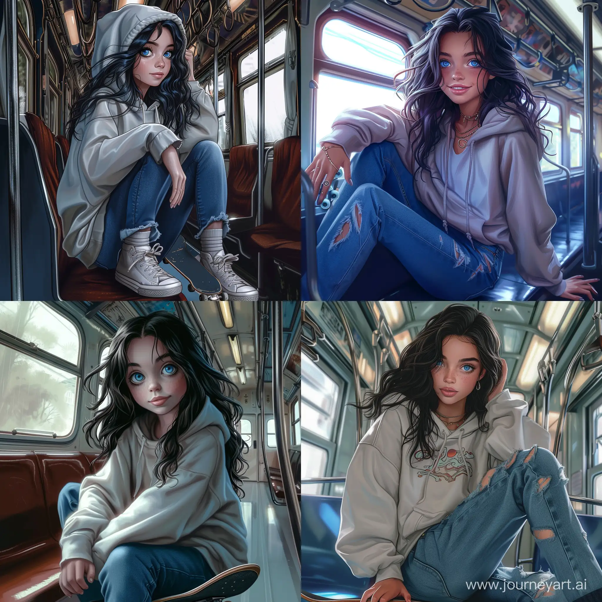 Beautiful girl, dark hair, blue eyes, white skin, teenager, 15 years old, summer, skateboarding, in an oversize hoodie and jeans, riding in a train carriage, compartment carriage, Hogwarts express, high quality, high detail, cartoon art