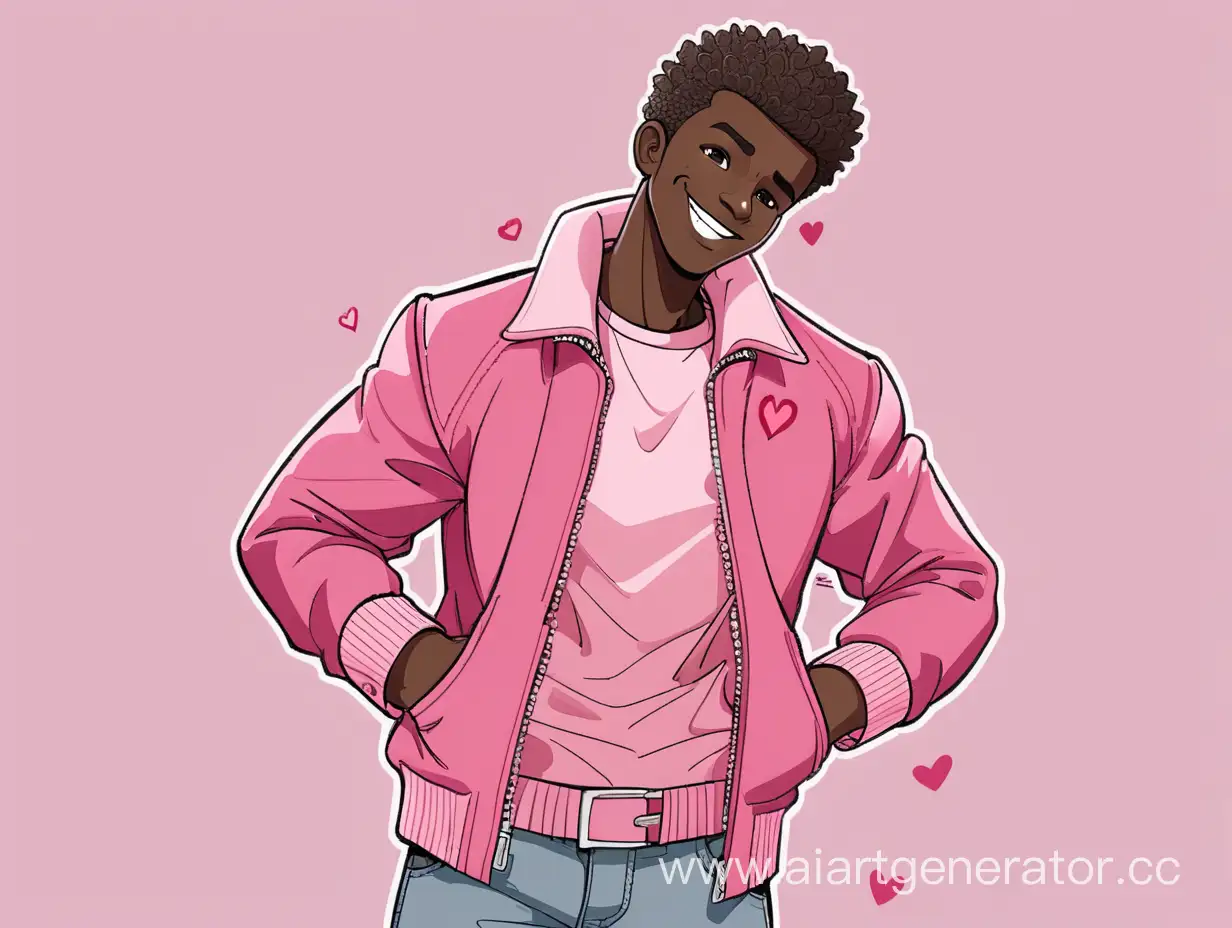 A dark-skinned guy, a little pumped up with short curly hair, stands tall with his hands in his pockets, he is wearing a pink jacket with red hearts, smiling and his trousers are also pink like a jacket, you can see the abs because the jacket is not buttoned