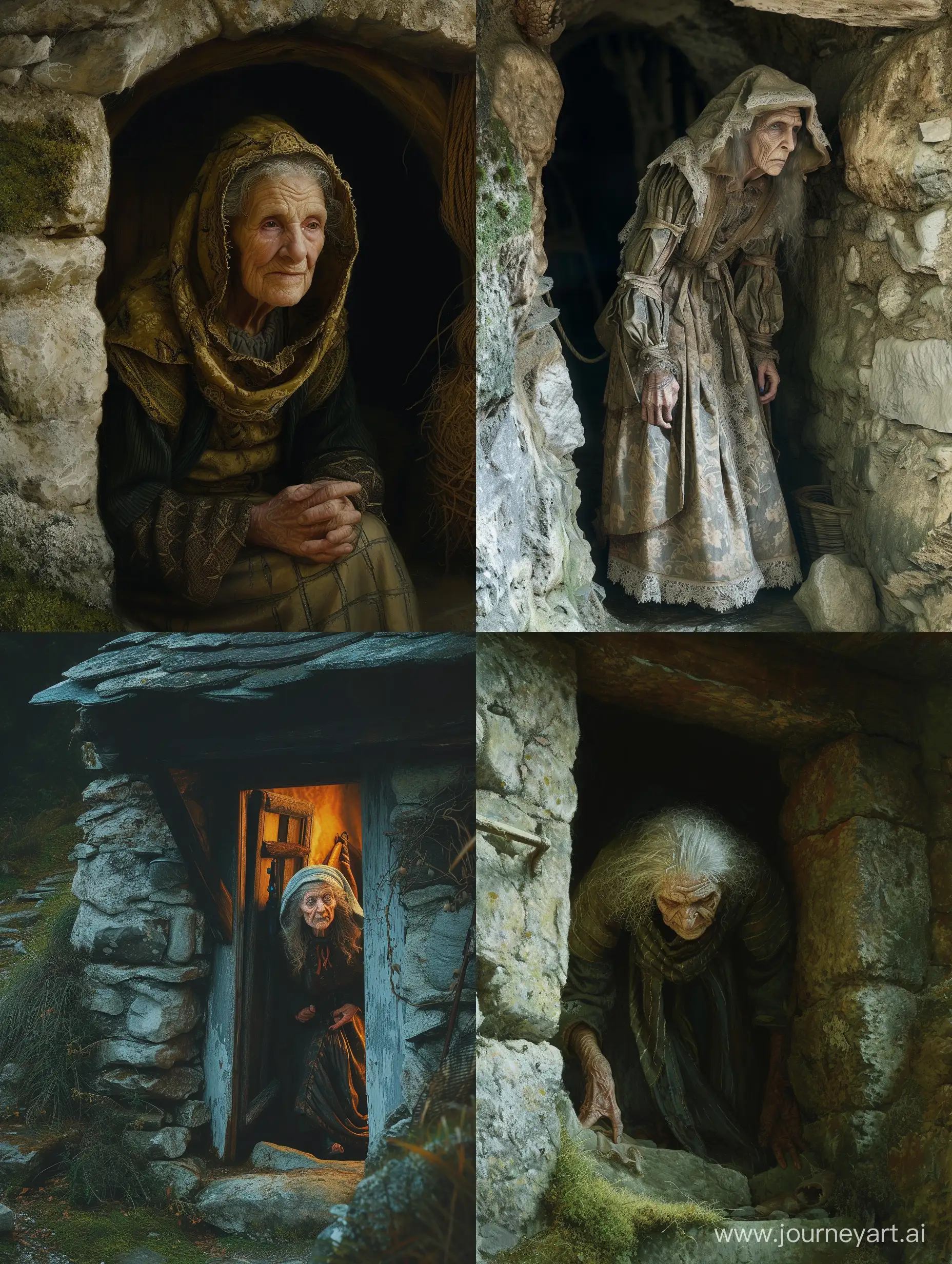 Witch old woman, inside a stone house underground,high detail scary stuff,Detailed clothing.incredible detail,Warm light,terrifying.
