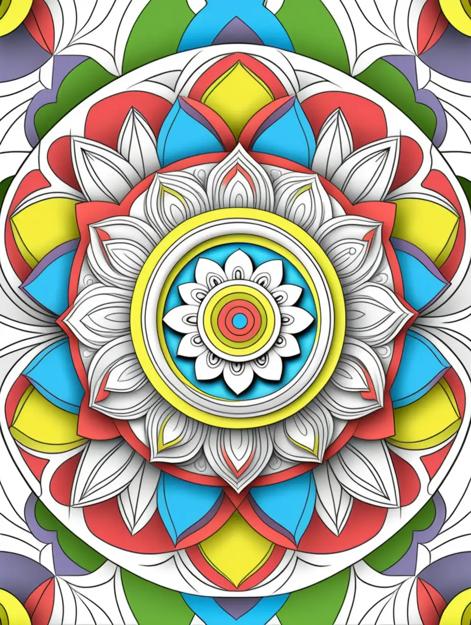 illustration coloring page for adults, mandala , thick lines, low detail, no shading,, 80% white, shades of primary colors