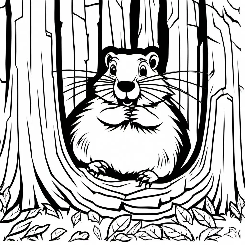 A groundhog peeking out from behind a tree stump, Coloring Page, black and white, line art, white background, Simplicity, Ample White Space. The background of the coloring page is plain white to make it easy for young children to color within the lines. The outlines of all the subjects are easy to distinguish, making it simple for kids to color without too much difficulty