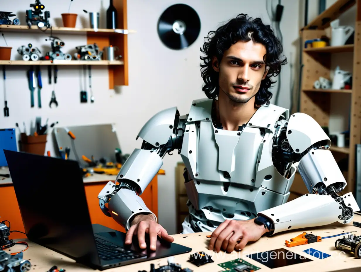 Young-Man-Working-on-Laptop-with-Disassembled-Robot-in-Workshop-Room