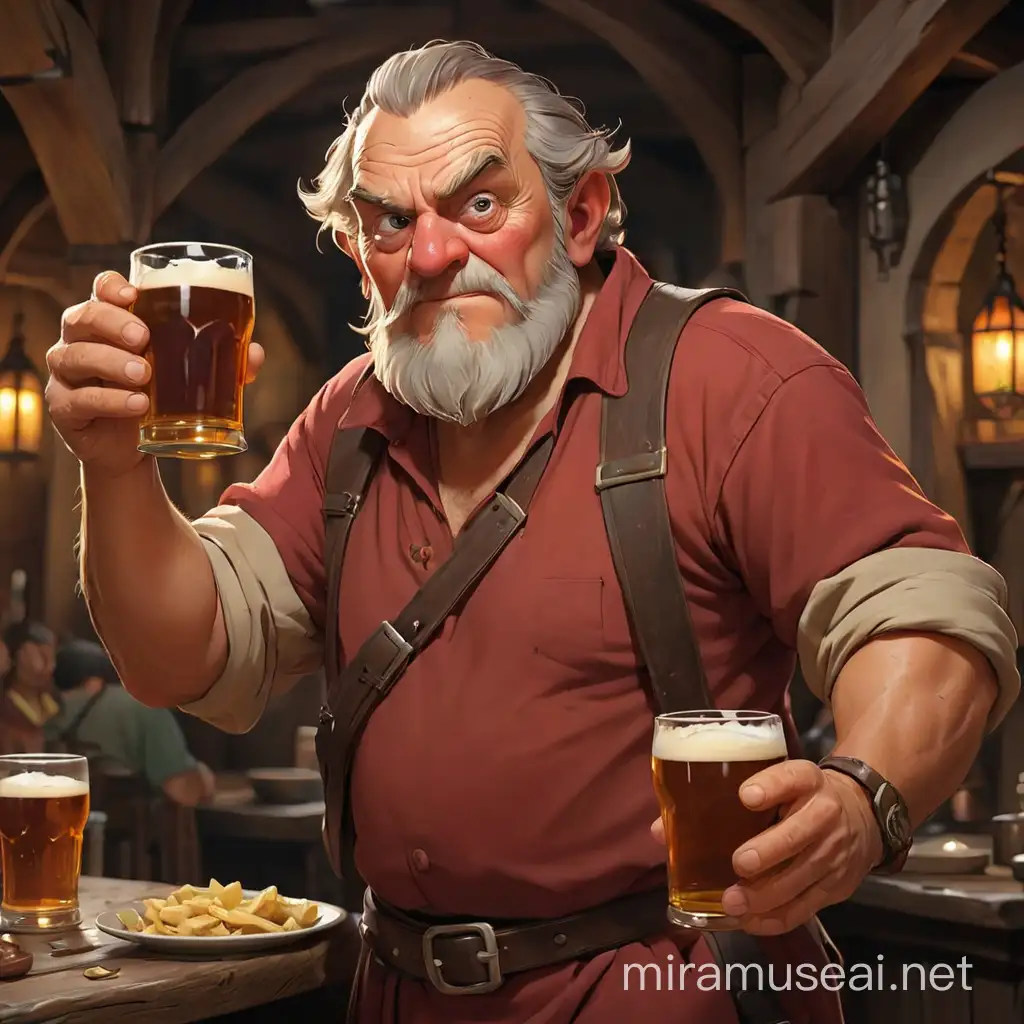 Dungeons and dragons,fantasy,male,A famous tavern owner, holding large glasses of beer in both hands,chef, scary looking,alcoholic,old Man,wearing a light red top and brown bottoms,He has a wound in one eye,
 the background is the interior of the tavern