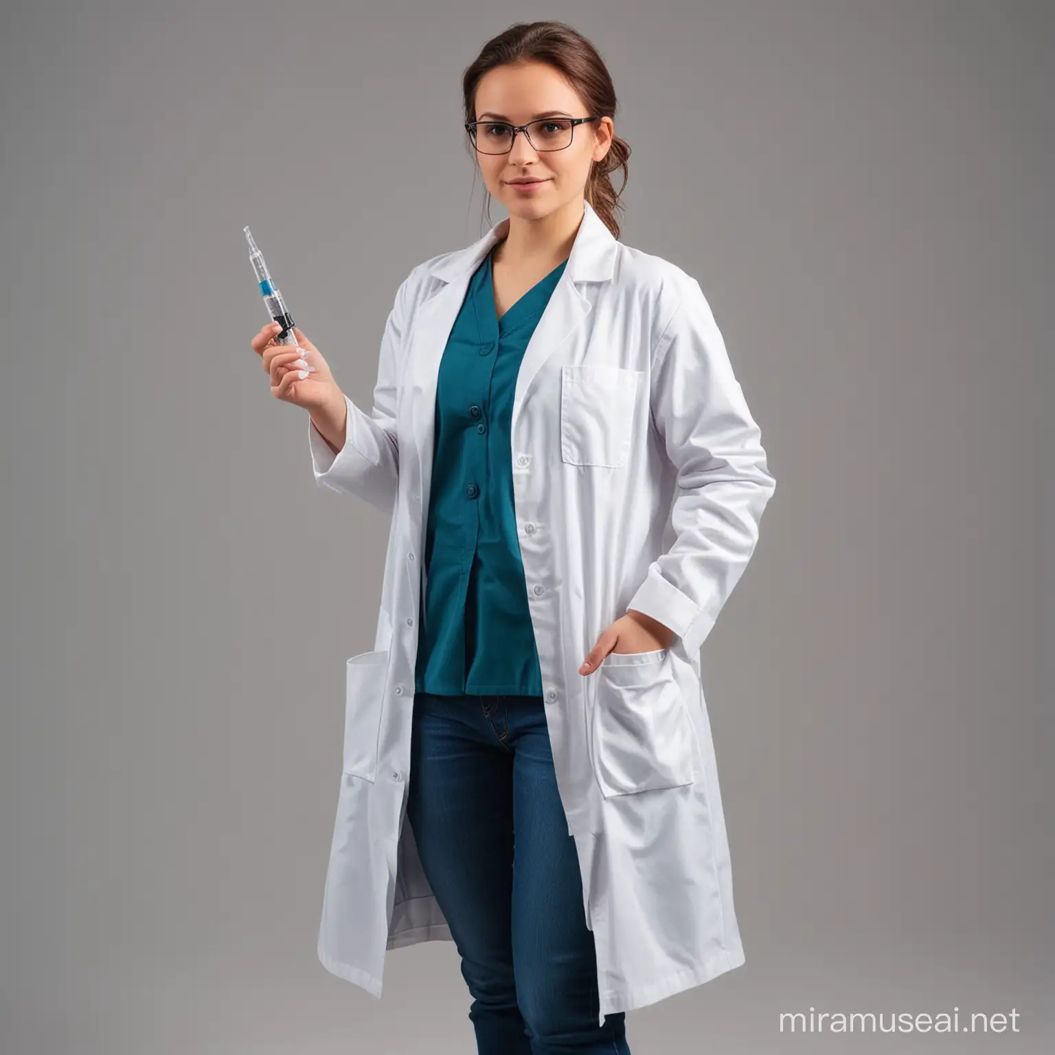 Full body Female chemist. pose just one hand in her lab coat pocket and the other holding a syringe.