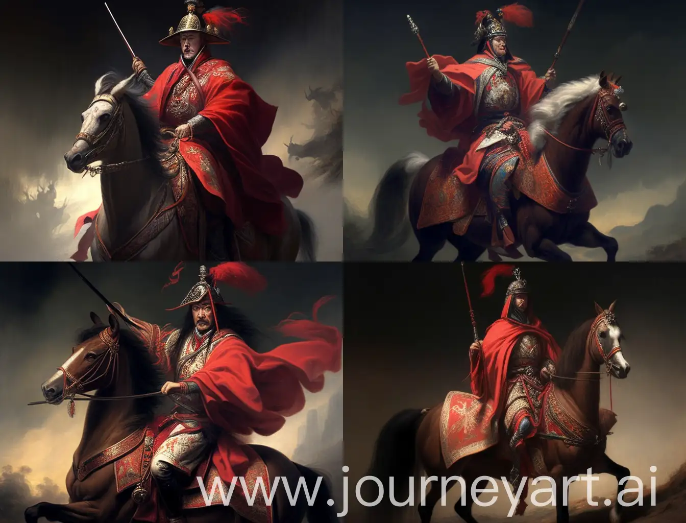 一位中国将军，身披红色战袍，骑着高头大马，腰佩宝剑，手拿银色钢枪，目视远方，威风凛凛