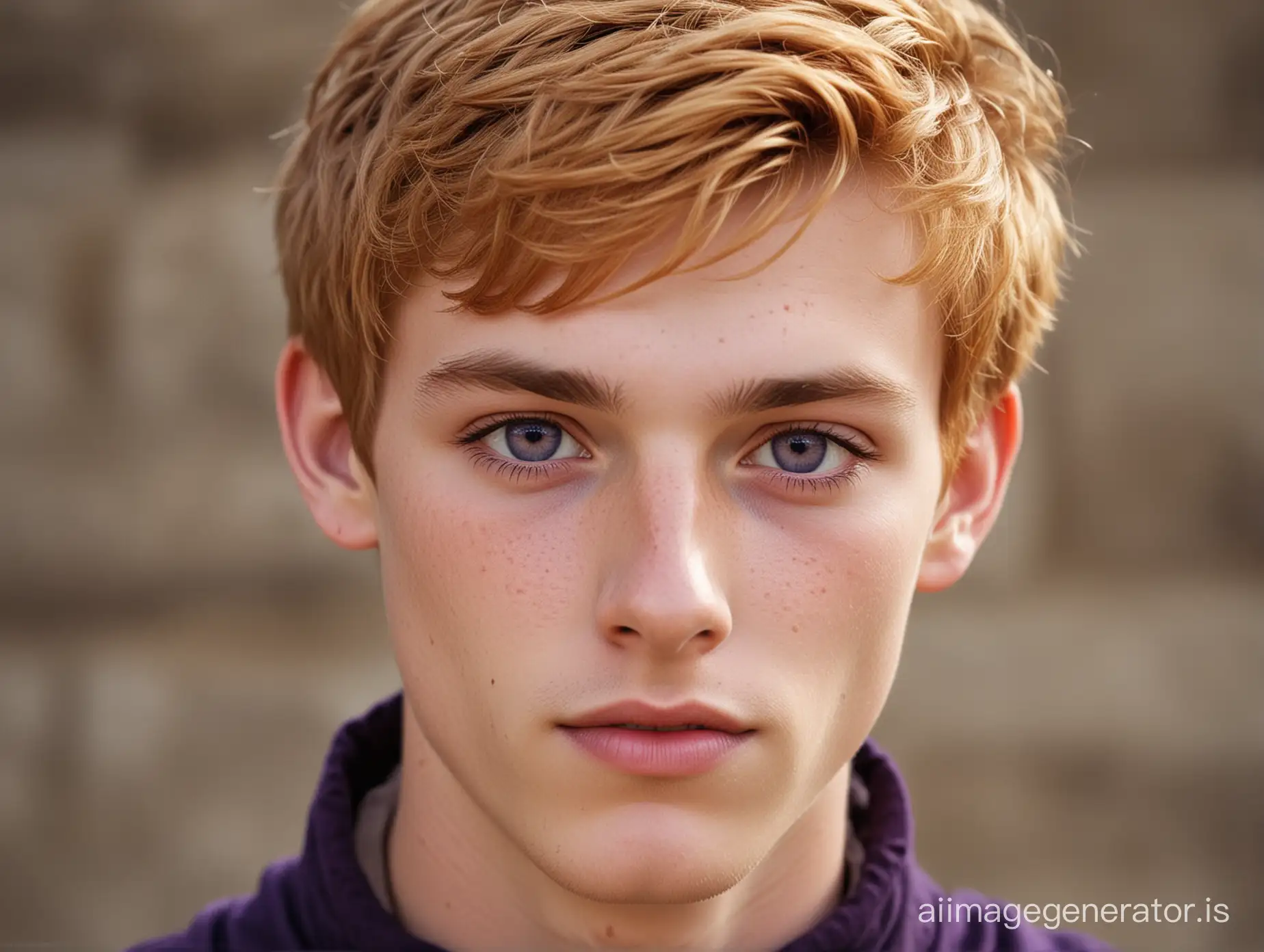 strawberry blond male
 teen with purple eyes, medieval, 
short hair, royal house, freckels, avarage looking
