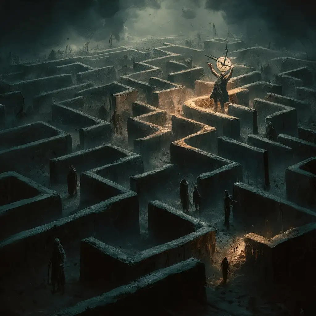 A digital painting of an intricate labyrinth filled with twists and turns, shrouded in mist and darkness. Within the maze, lost souls wander aimlessly, seeking a way out but unable to find it on their own. A figure with a glowing compass stands at the center, offering guidance and leading them towards the path of enlightenment and freedom.