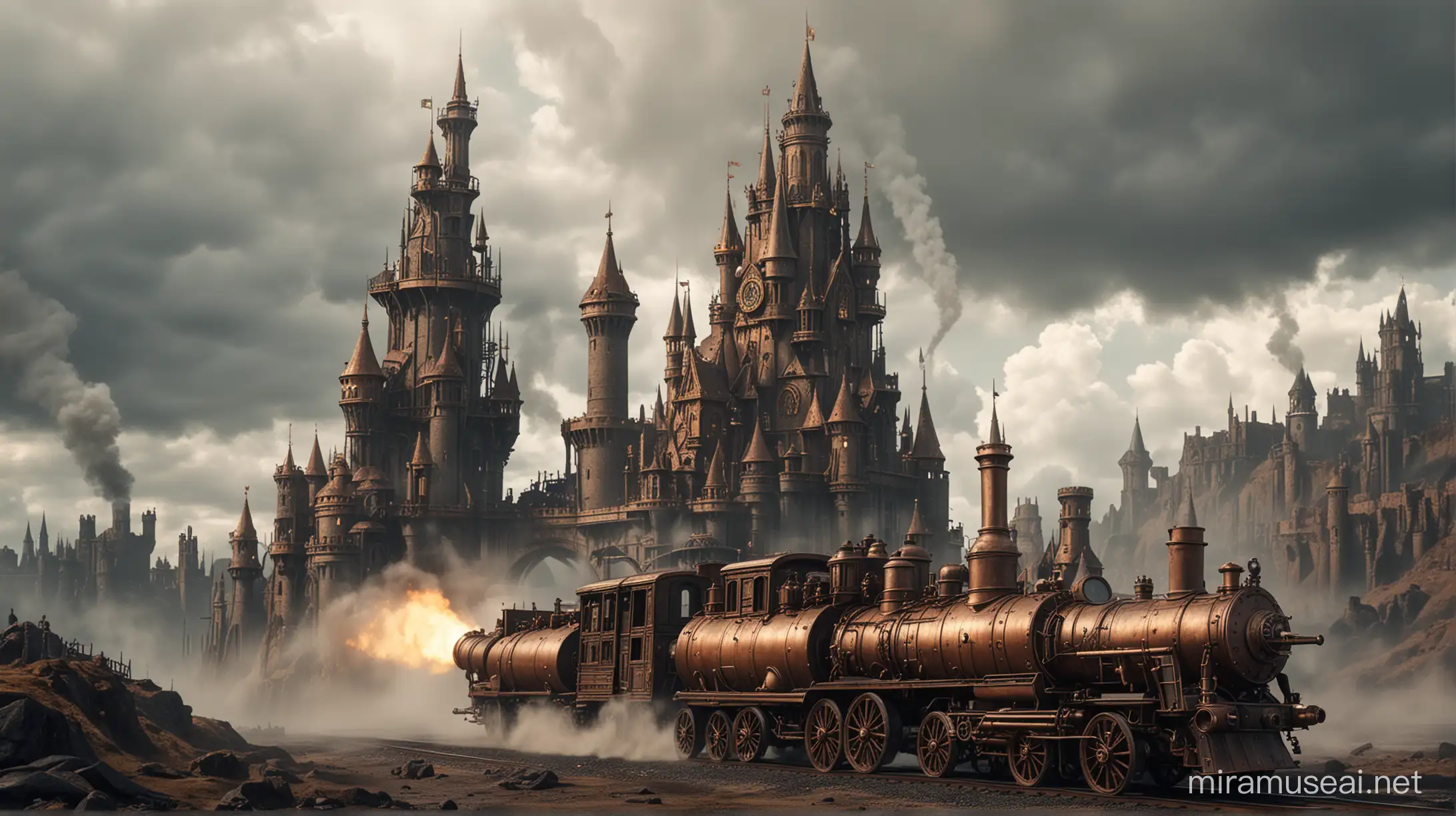 the column of steampunk vehicles runs towards a steampunk castle, copper, brass, gold, steel, steam, smoke, it gets dark, cloudy