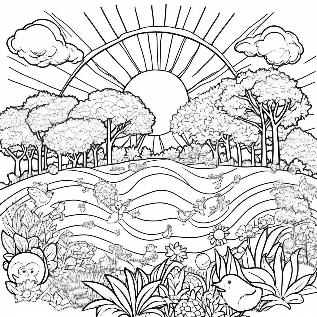 Create a coloring page featuring a vibrant Earth surrounded by lush green trees, sparkling blue oceans, and fluffy white clouds. Happy children are planting trees and flowers, while animals like birds, butterflies, and rabbits roam freely. In the background, there's a bright sun shining down and colorful flowers bloom everywhere. Encourage kids to color the page to celebrate Earth Day and inspire them to protect our planet.
, Coloring Page, black and white, line art, white background, Simplicity, Ample White Space. The background of the coloring page is plain white to make it easy for young children to color within the lines. The outlines of all the subjects are easy to distinguish, making it simple for kids to color without too much difficulty