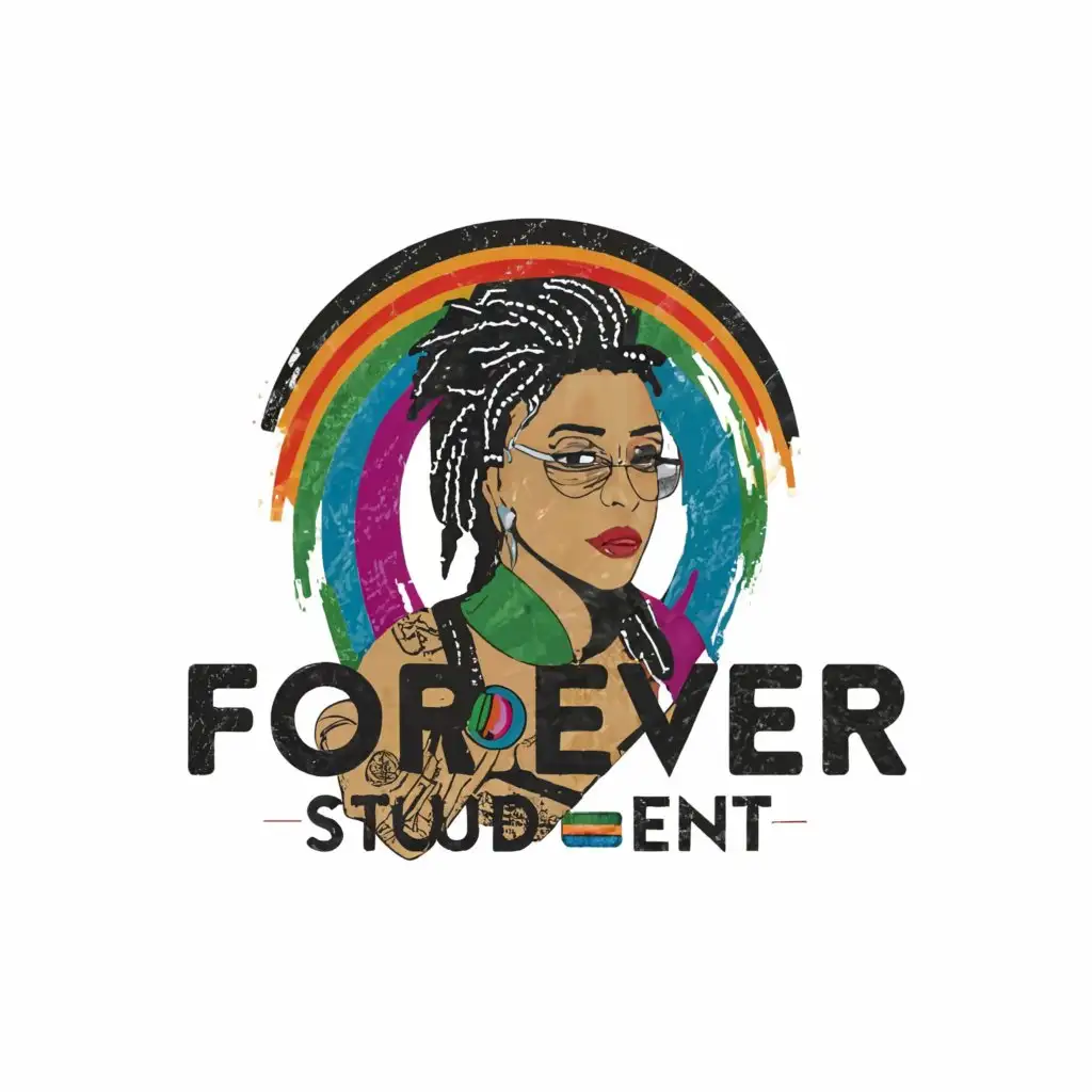 a logo design,with the text "Forever STUD ent", main symbol:Black LGTB Stud sitting at a desk with dreadlocks. Books are on the desk and her hair is the color of the rainbow. She is dressed in professional attire.,Moderate,clear background