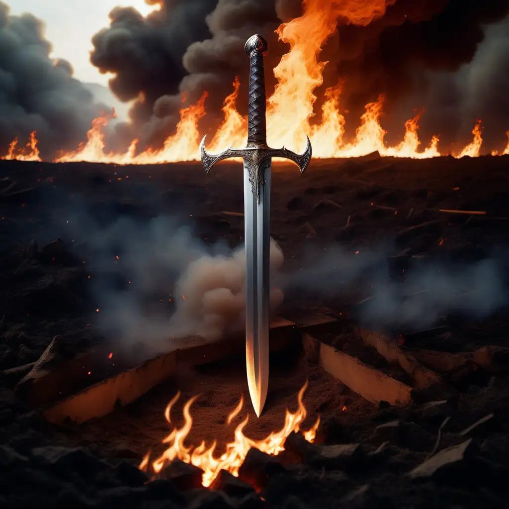 A diagonally facing sword inserted into the ground in front of an enormous fire with flames licking the sky