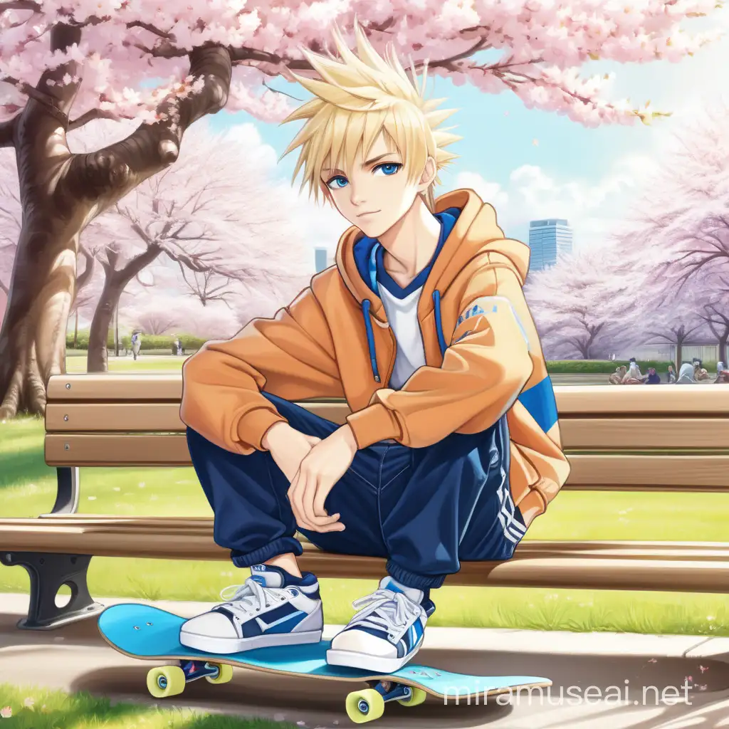 Blonde Teen Relaxing with Skateboard in Park Under Cherry Blossom Tree