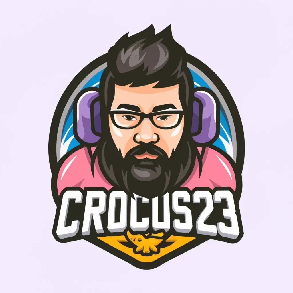 logo, fat Asian man with glasses  beard and black hairs playing games twitch csgo cs2 dota2 stream, with the text "Crocus23", typography, be used in Internet industry