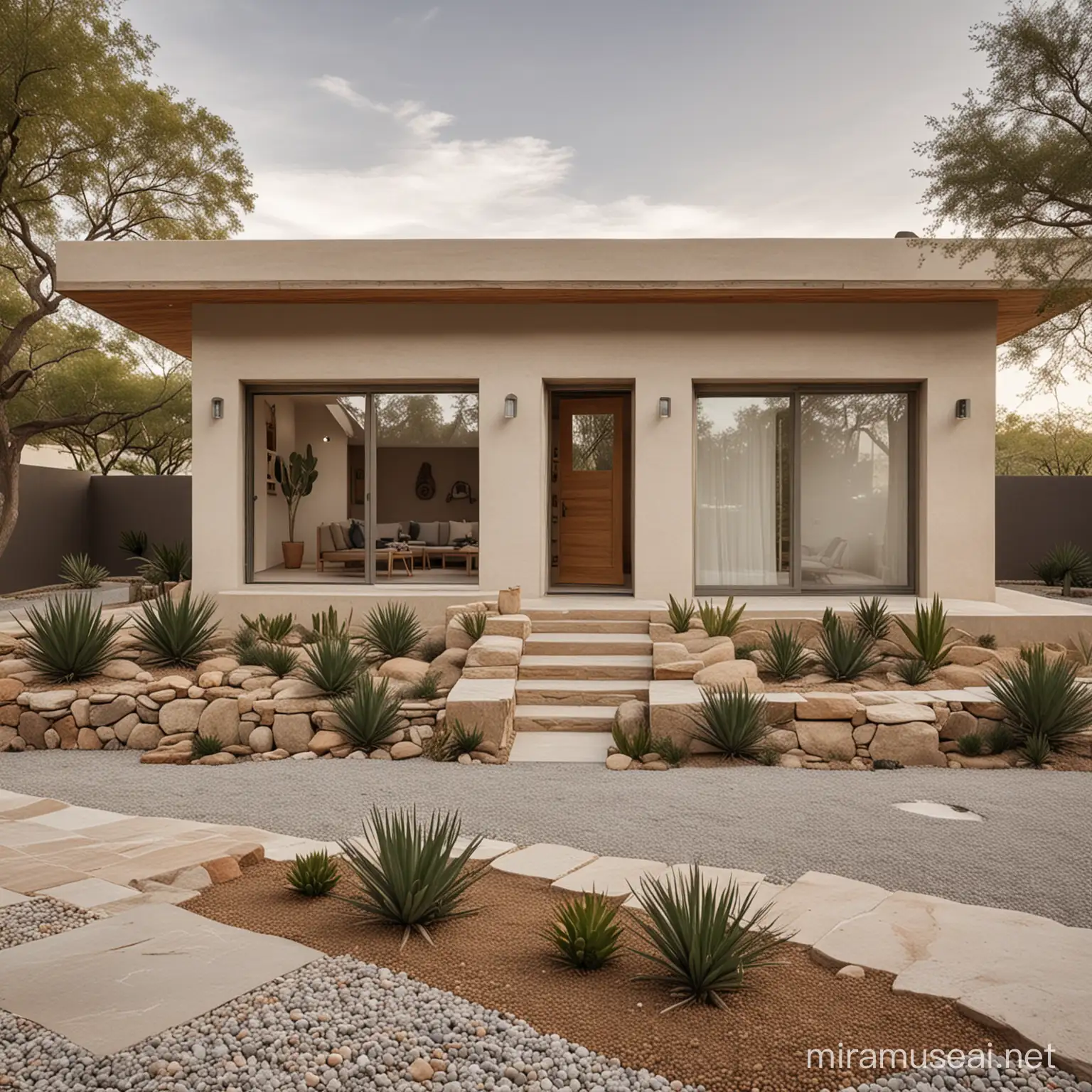 Illustrate a modern Mexican casita with clean lines, large windows, and a flat roof. Incorporate indigenous materials like stone and wood, with subtle hues of beige and gray, to create a minimalist yet inviting aesthetic