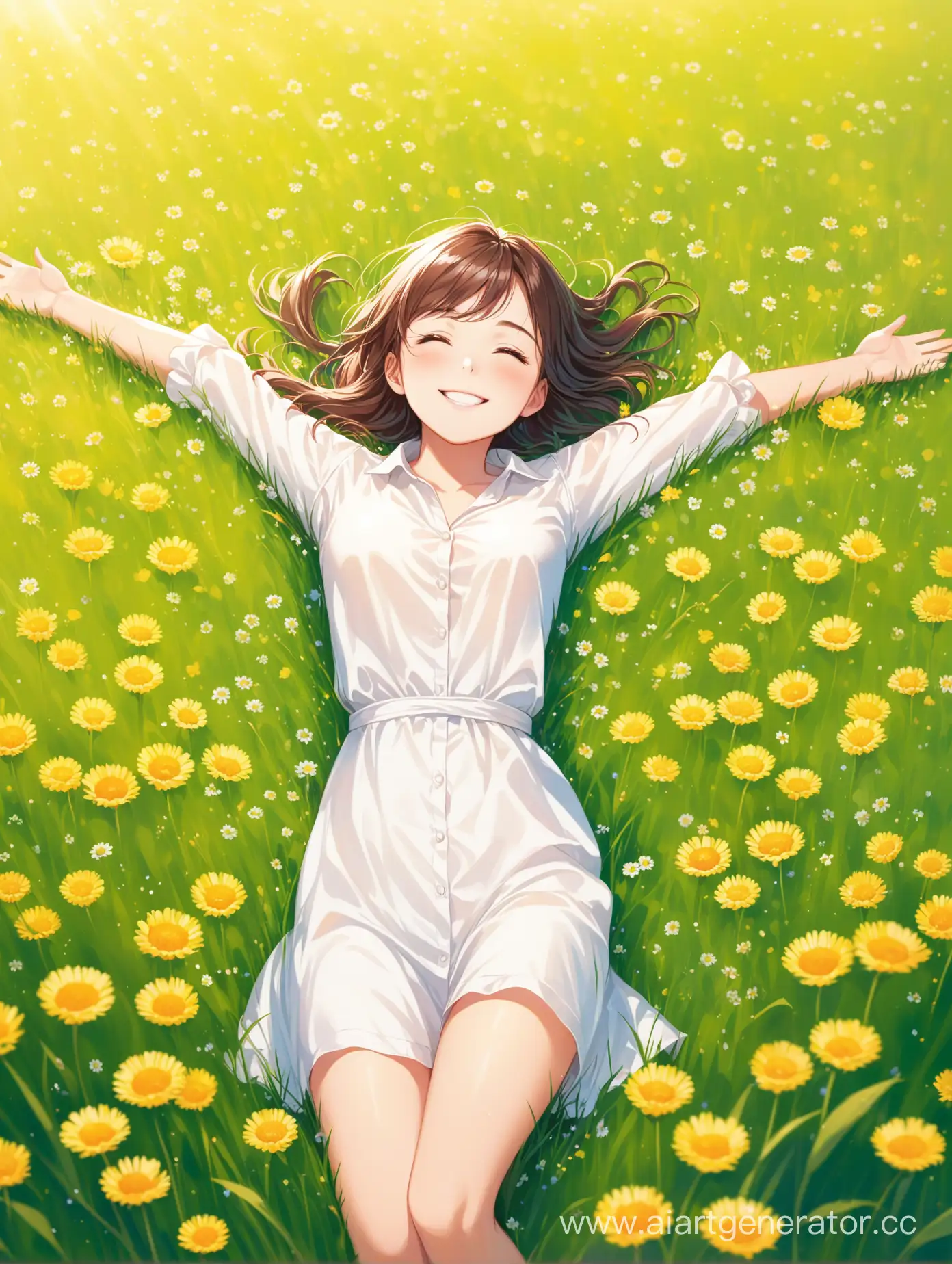 девушка лежит в поле, улыбается, раскинув в стороны руки, солнечный день