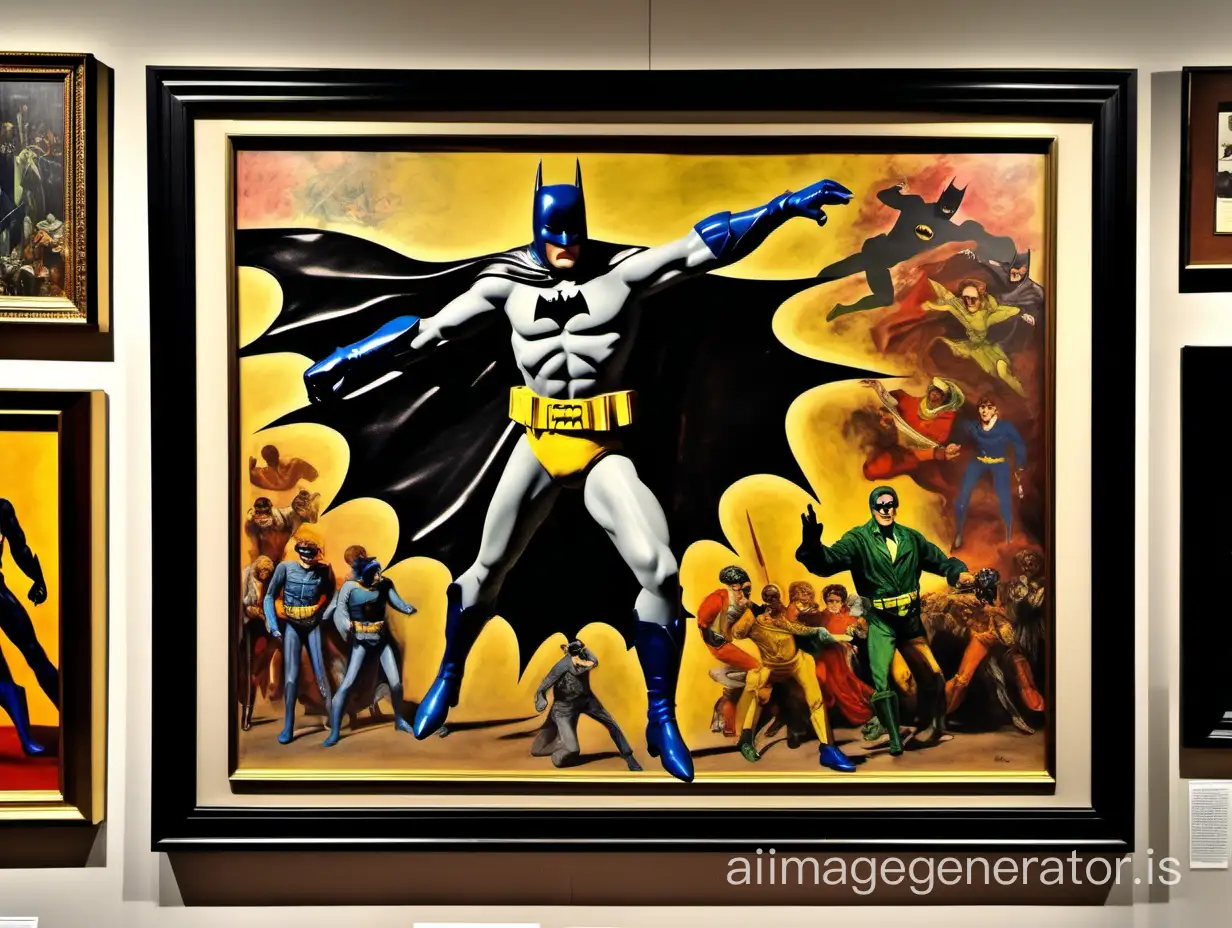 Photo of a framed Painting of a 1970s Batman action figure, mannerist art style, depicting an action scene, mannerism, hanging in art museum amongst other mannerist works