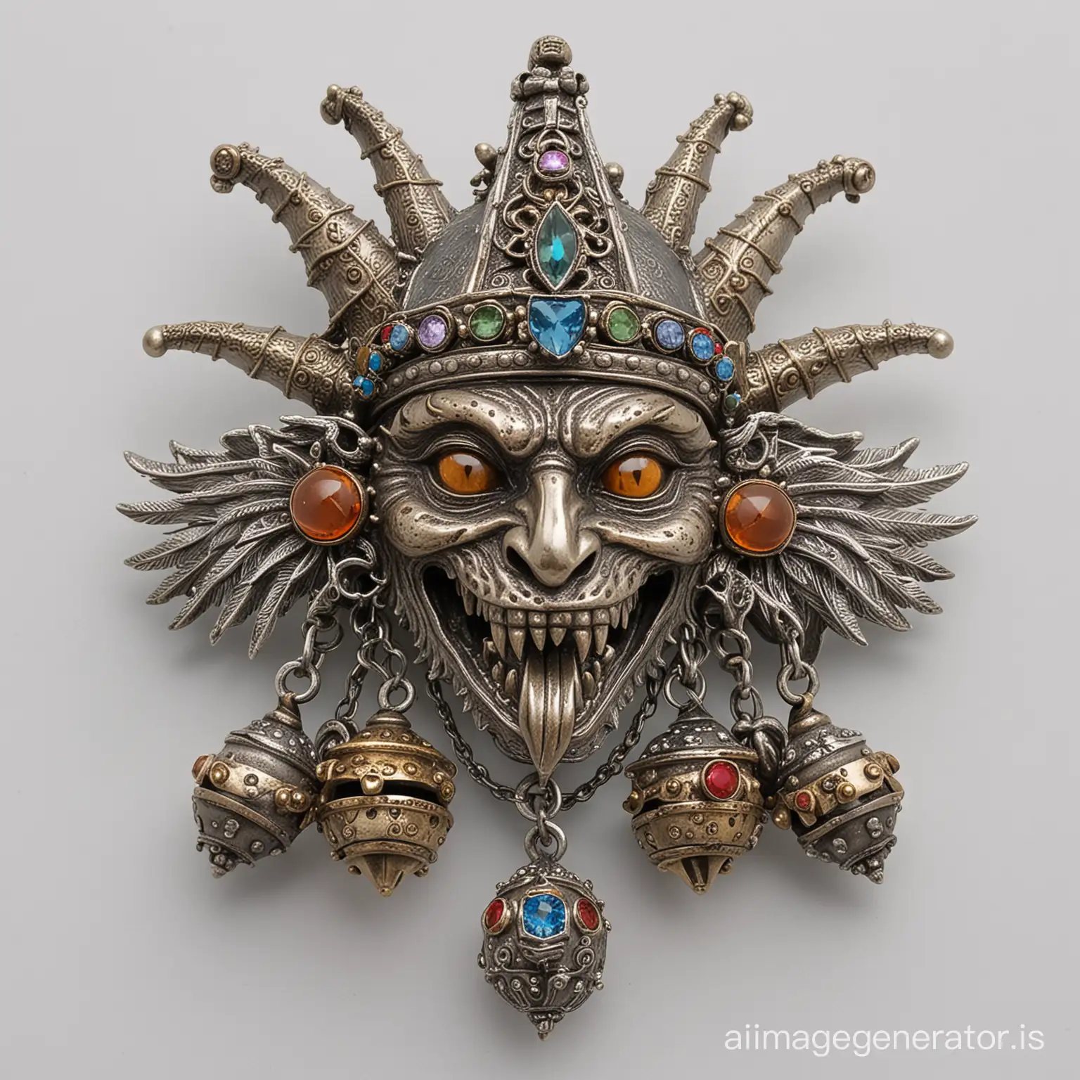 Patinated, Bejewelled, medieval brooch featuring a mad dragon face wearing a jesters hat with bells, feathers and charms, as king in old silver and bronze on a white background
