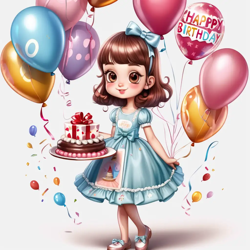 Adorable English Girl with Beautiful Dress Holding Birthday Cake Gift Box Bow and Balloon Cartoon