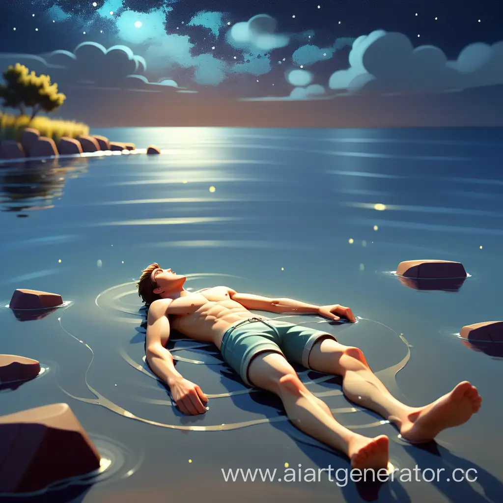 море, звездная ночь, лето, парень лежит в воде рядом с берегом