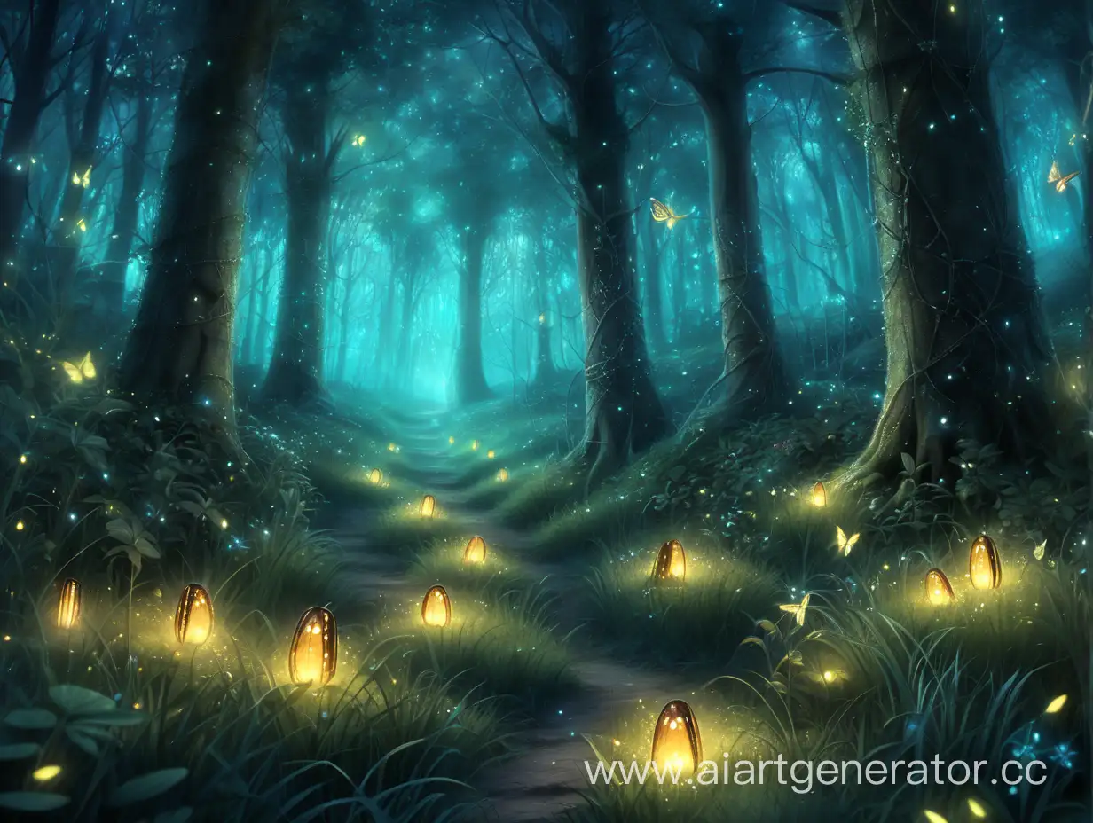 волшебный лес, светлячки, руны