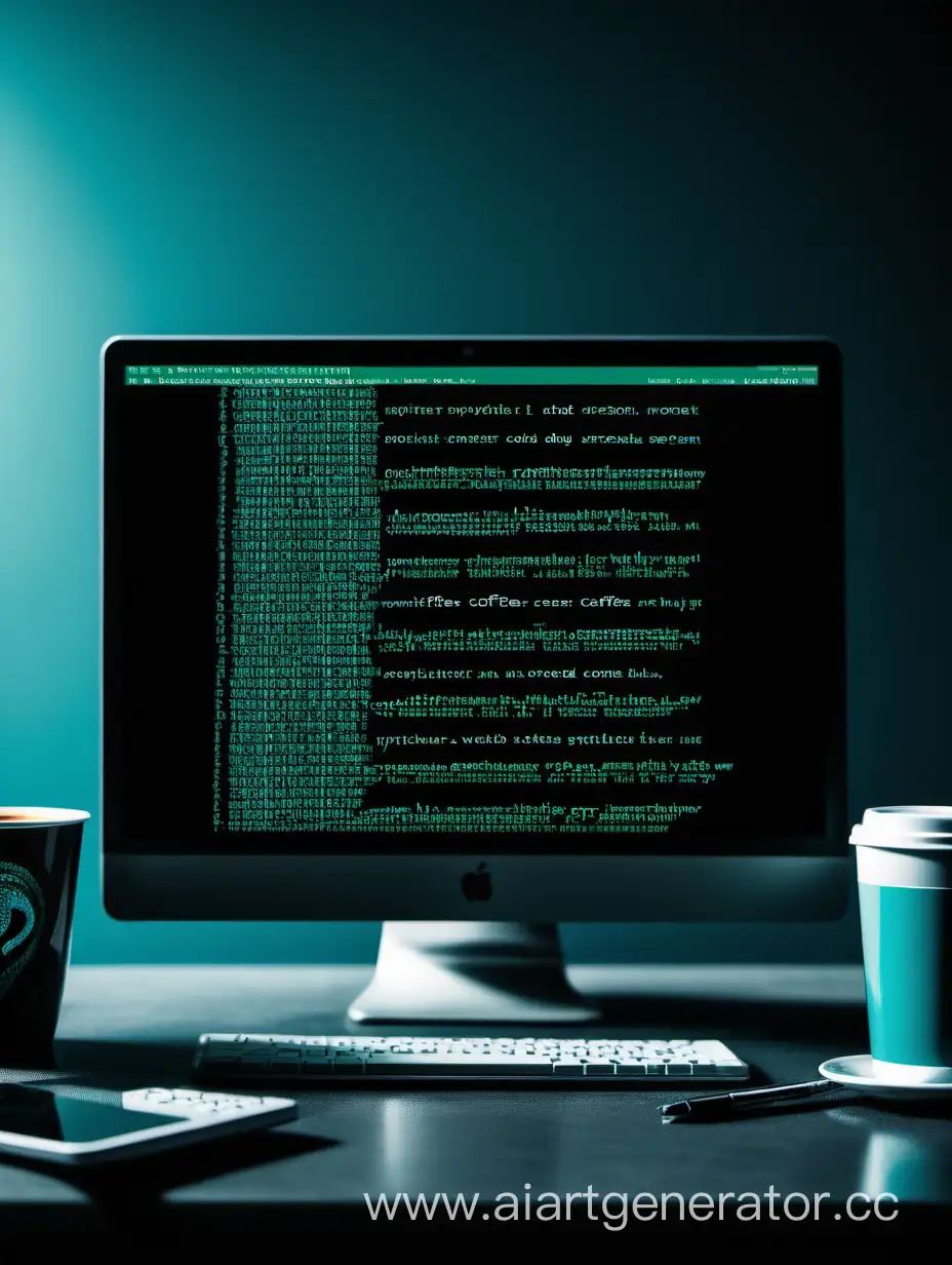 Экран компьютера, написанный код, python, чашка кофе, цвет синий зеленый черный  и любой другой