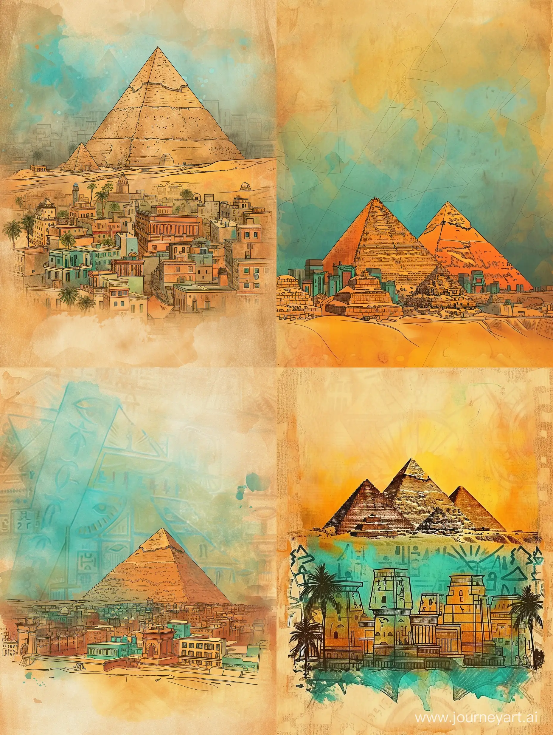 The background is ornamental, old paper, barely noticeable outlines of an the urban landscape of Ancient Egypt, against the background of the pyramid of Cheops,in an ancient style, delicate, transparent colors, linear, many details, colors of ochre, orange, yellow, turquoise, light brown, blue,  without black outline, stylized caricature, watercolor, decorative, flat drawing