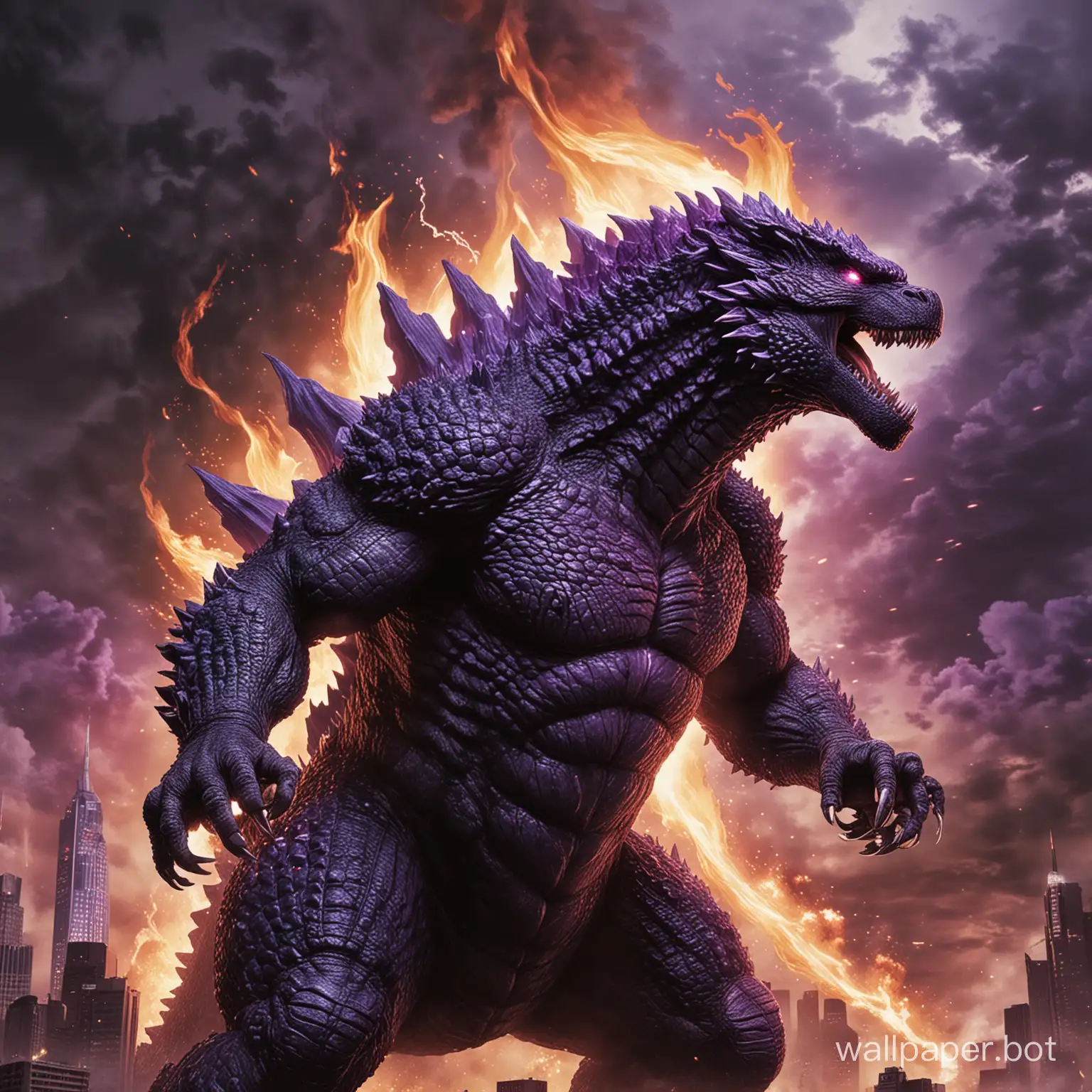 Godzilla, purple, with purple flame