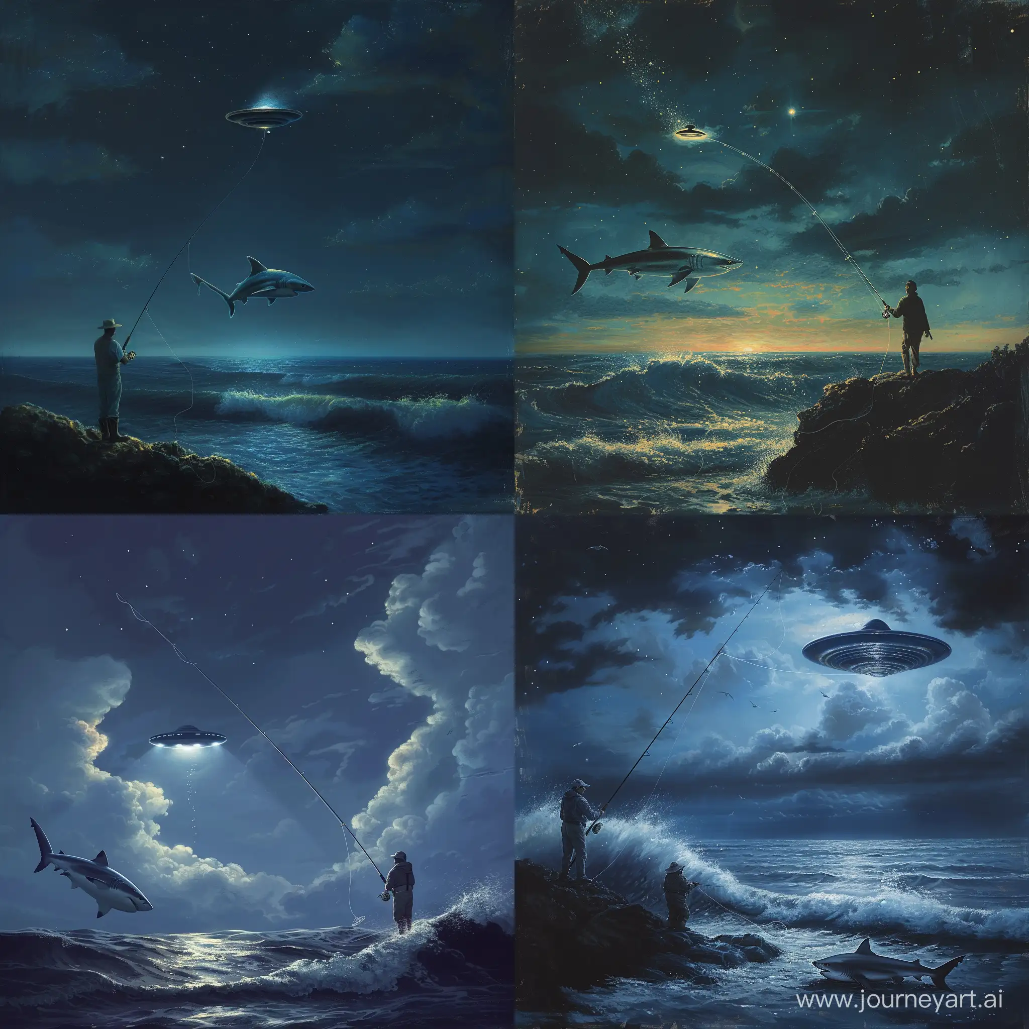 Мужчина, ловит рыбу, удочкой, поймал акулу, ночное небо и небольшие волны запятая в небе летающая тарелка