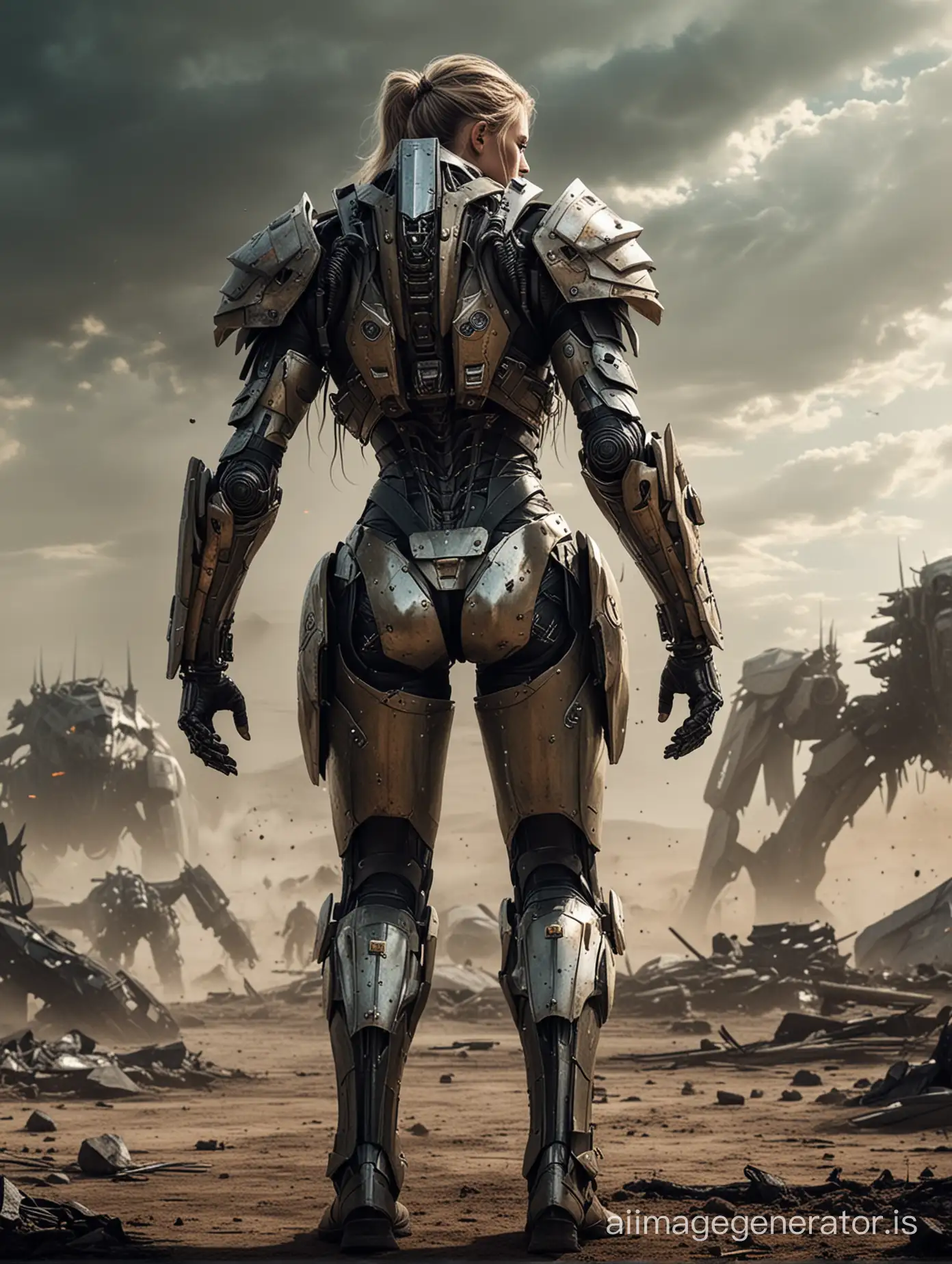 Picture taken from behind. combining sci-fi and tolkien-like fantasy: The fighter, standing, exhausted, on the battlefield. Her skimpy, robotic enhanced, armor dirty. The monsters she just killed lie around her, slain.