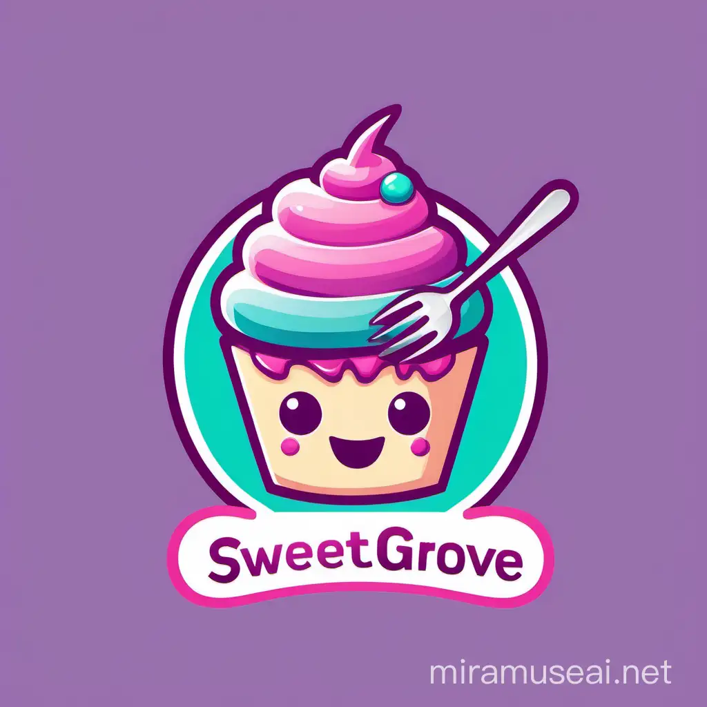 Create a flat vector, illustrative-style mascot logo design for a dessert shop called 'SweetGrove', featuring a friendly, smiling cupcake character holding a spoon and fork. Use pastel colors like pink, purple, and teal to enhance the sweetness and charm of the mascot against a white background.


