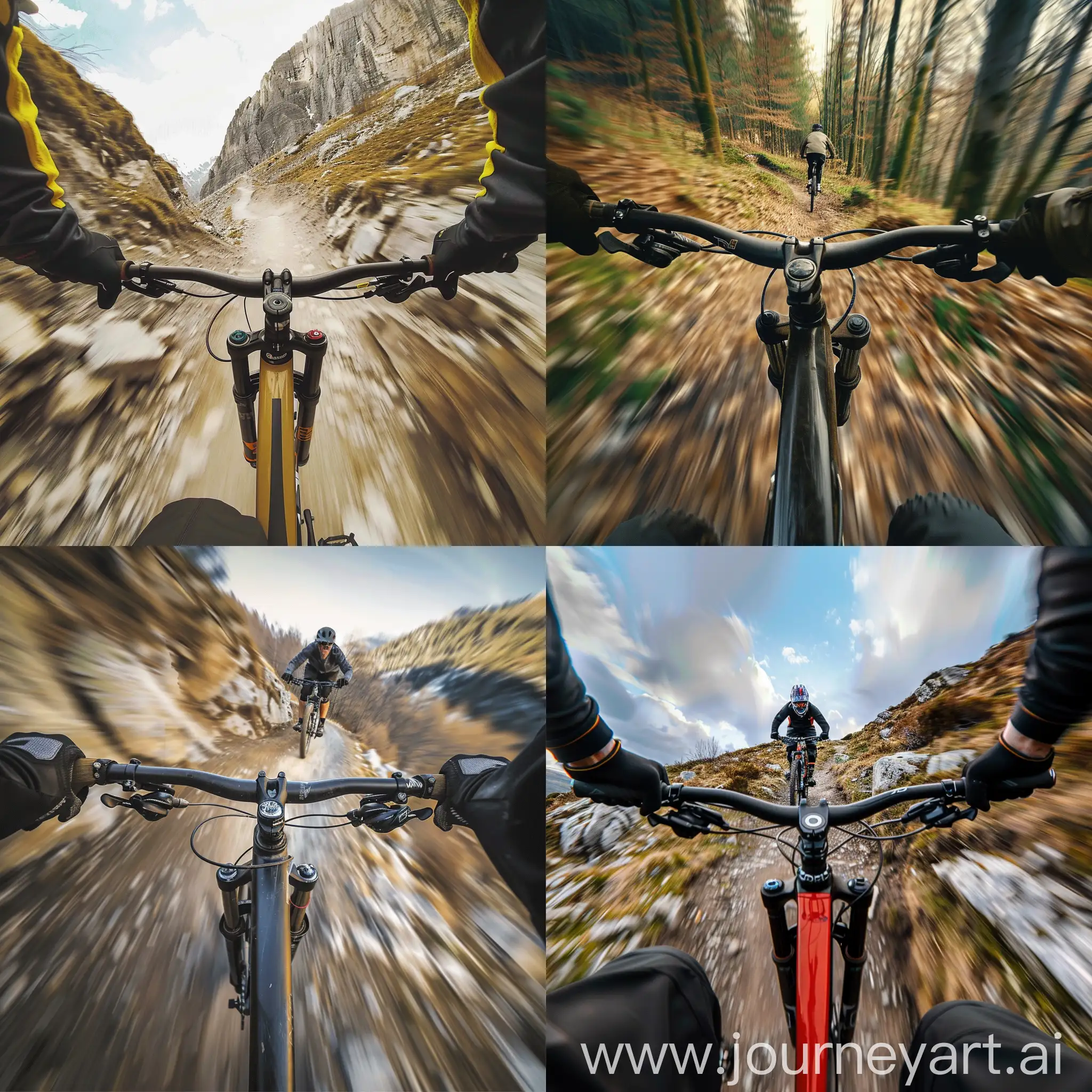 Create an image from a first-person point of view of a mountain biker. He's commutting to work.