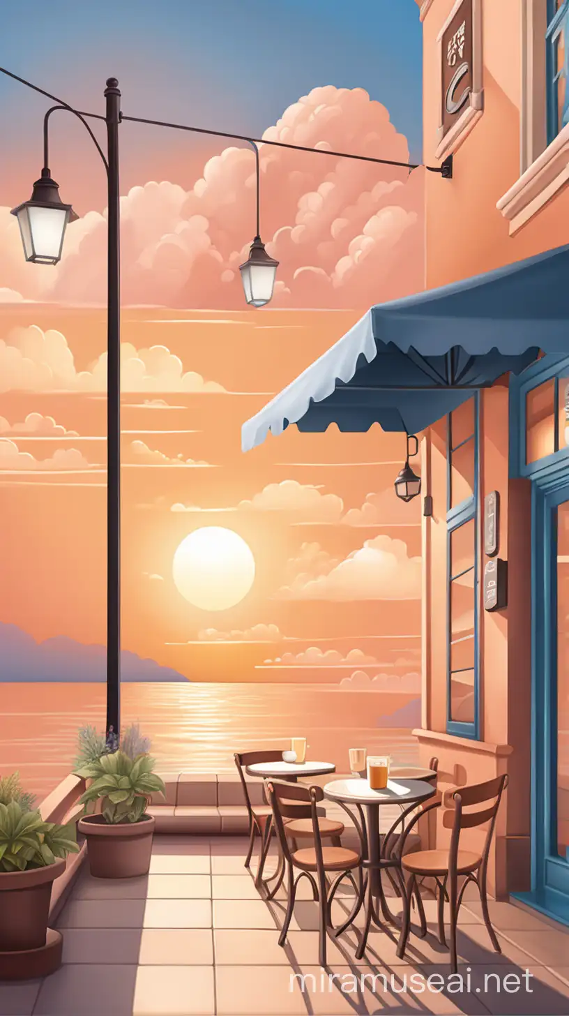 create 2d vector illustration of a cozy cafe shop deem light sunset sky with cloud 
