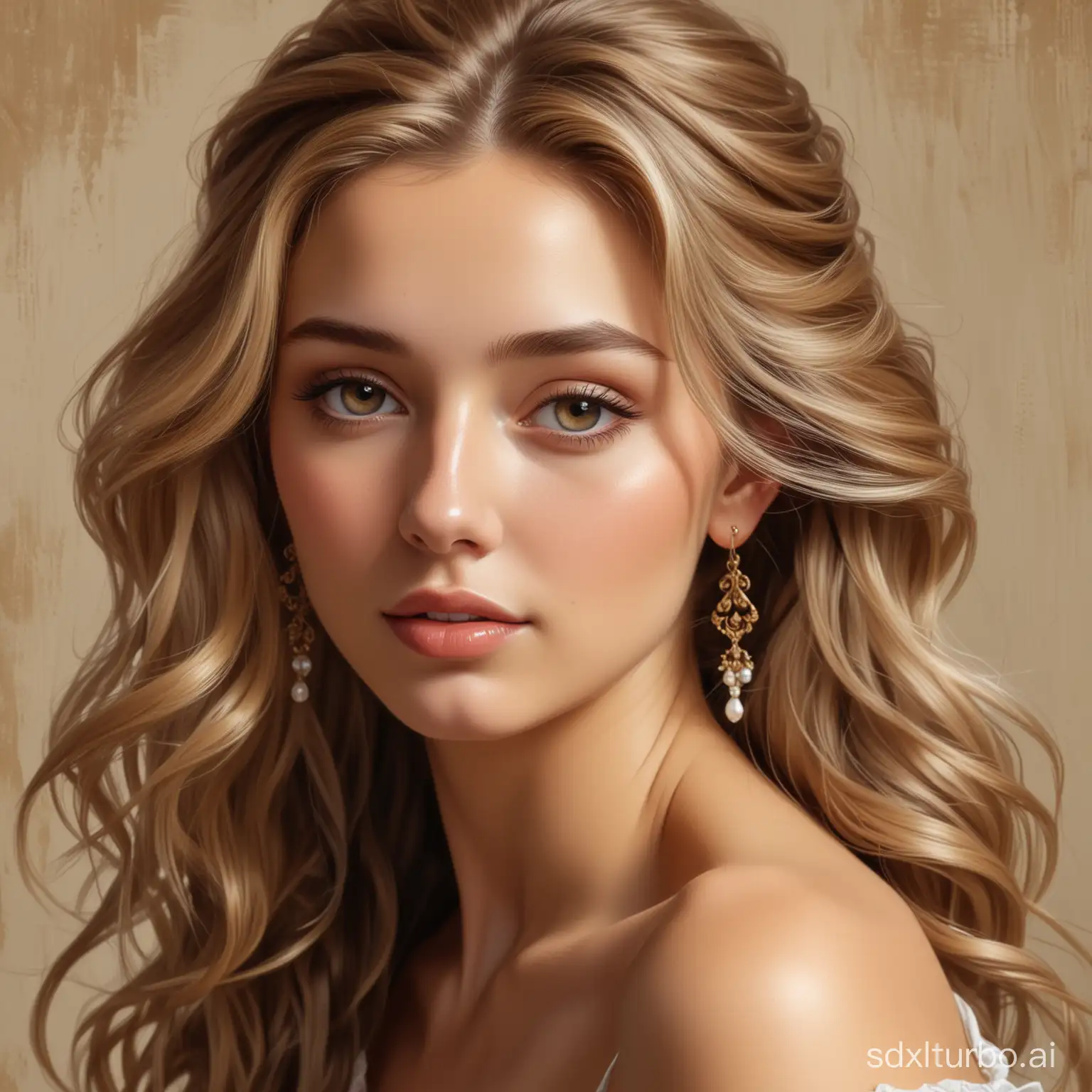a painting of a woman with long hair, trending on cg society, beautiful face and flawless skin, her face framed with curls, 8k stunning artwork, girl with a pearl earringl, brown-blond-hair pretty face, airbrush style