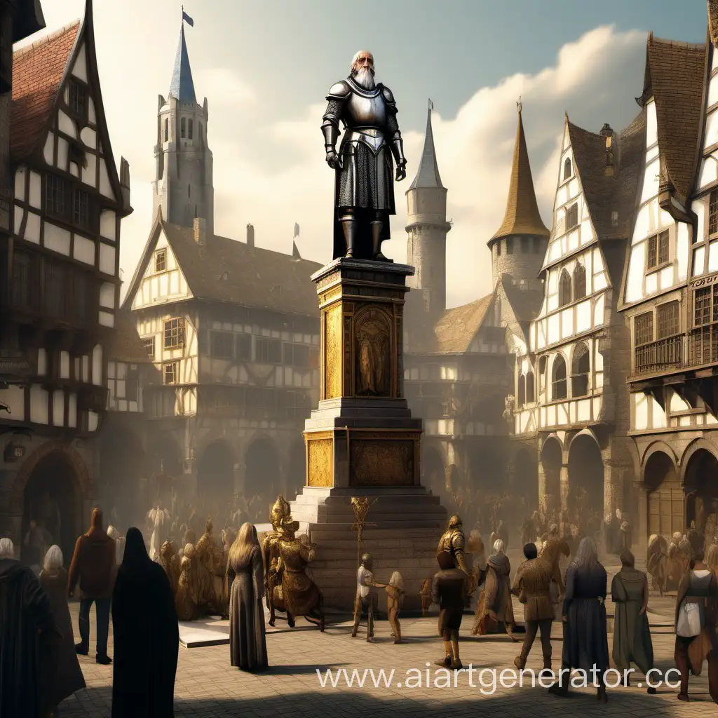  средневековая фэнтези площадь с высокой статуей старика по середине, по которой гуляет множество людей а возле статуи стоит рыцарь в золотых доспехах