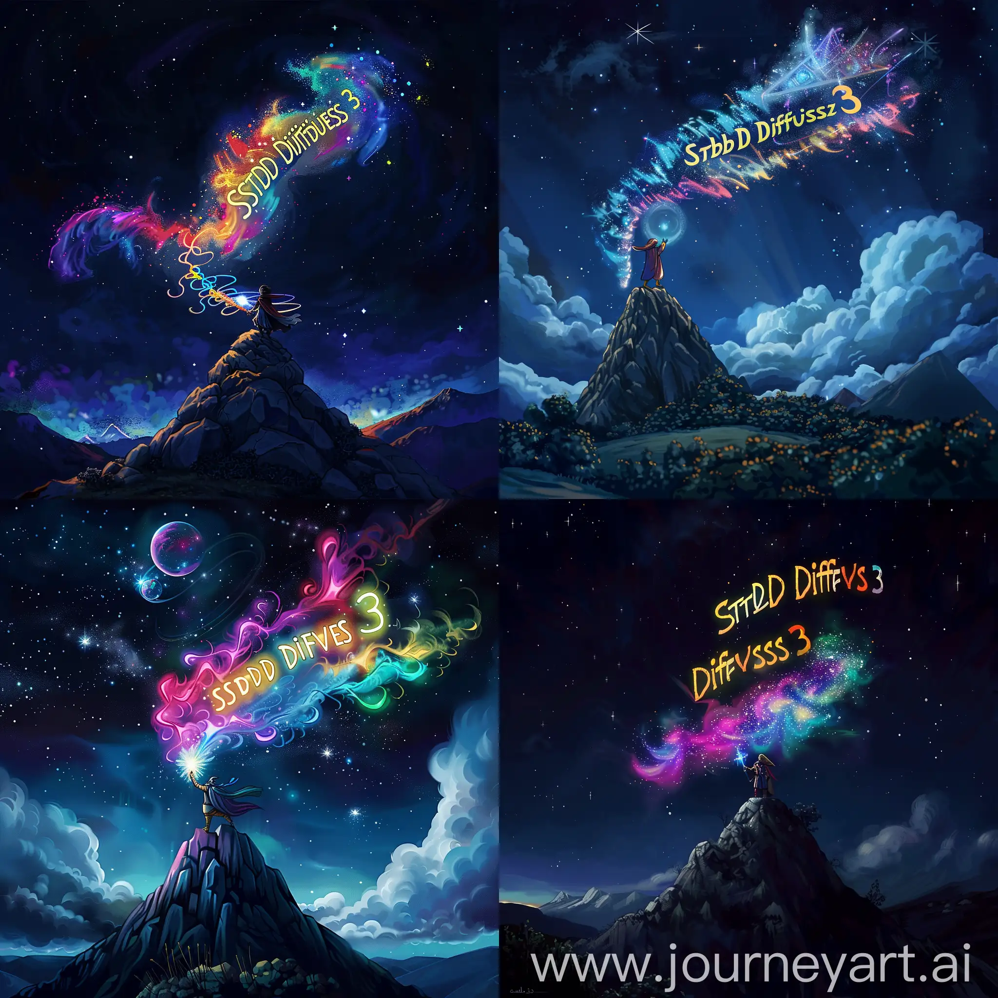 Epic anime artwork of a wizard atop a mountain at night casting a cosmic spell into the dark sky that says "Stable Diffusion 3" made out of colorful energy