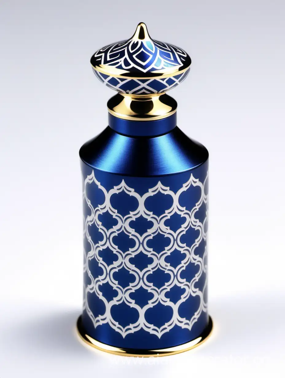 Elegant-Zamac-Perfume-Bottle-Cap-with-Shiny-Dark-Blue-and-Matte-White-Arabesque-Pattern