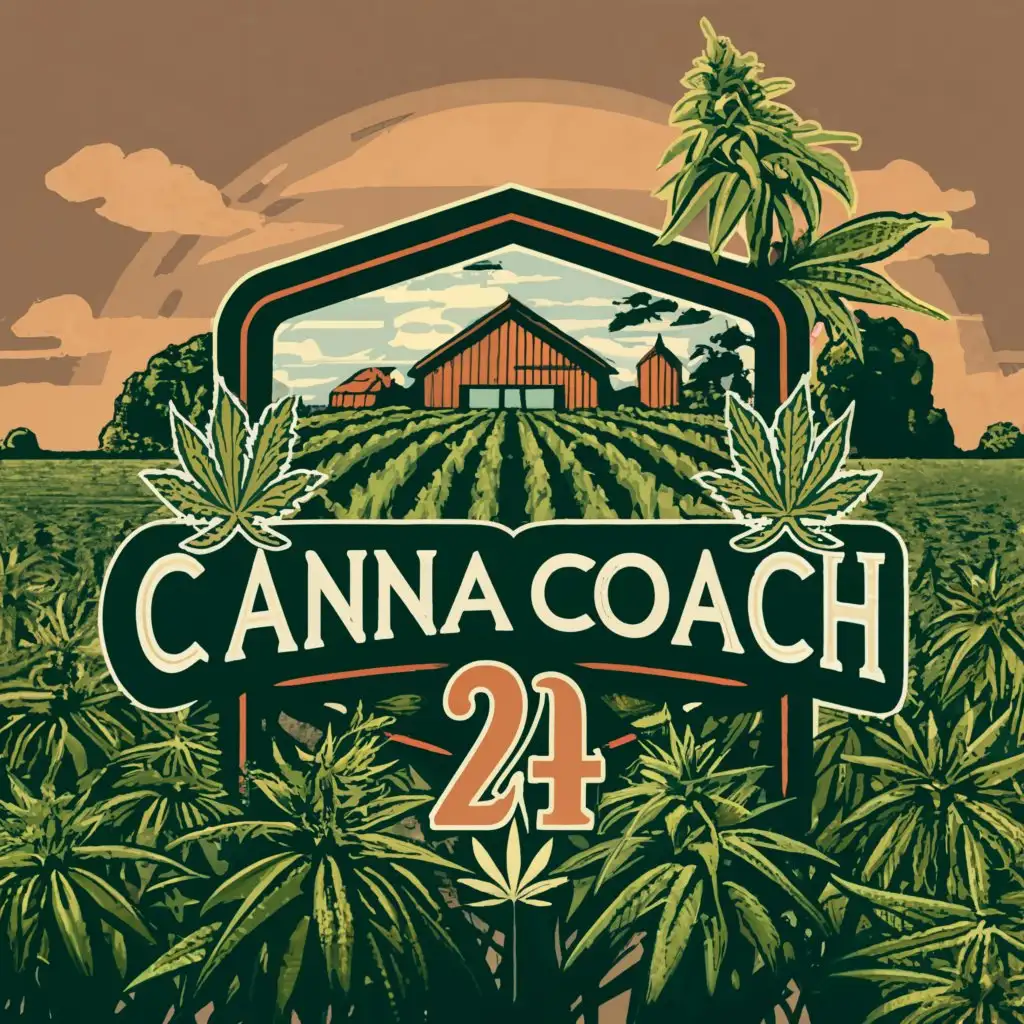 a logo design, with the text 'CannaCoach24', main symbol: a field of cannabis plants with a farm. make it more complex. to the cannabis field in the same style like the farm, complex, with a clear background